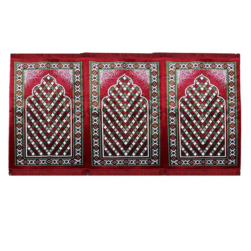 Red Bordered Three People Muslim Prayer Mat
