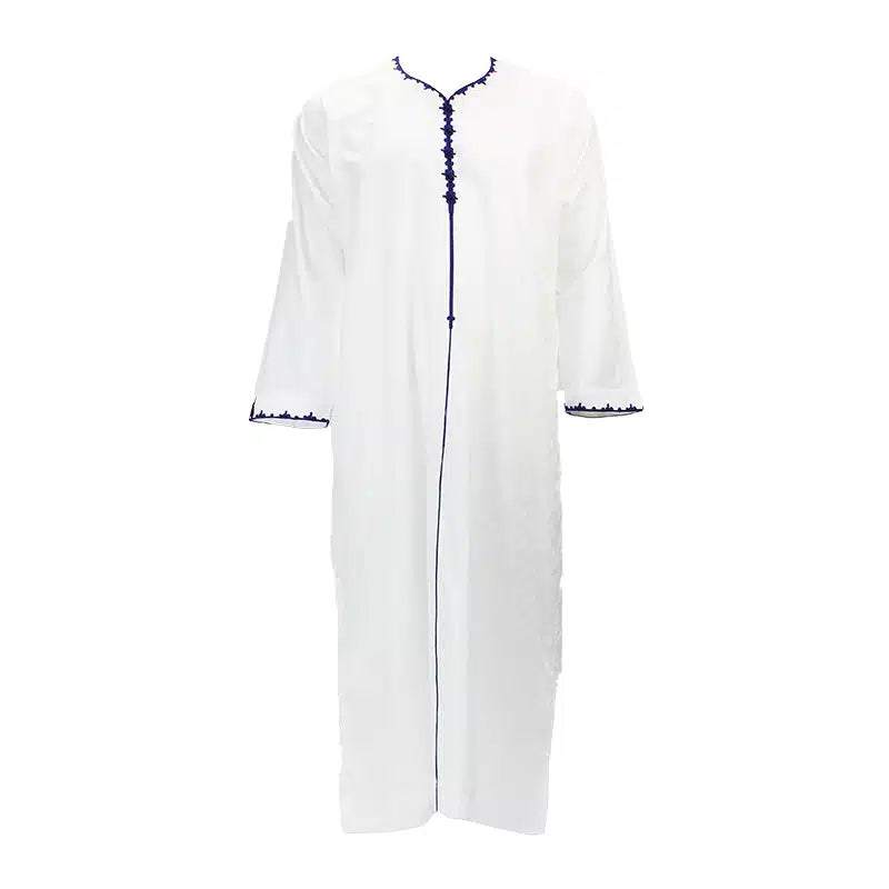 Textured White Thobe With Navy Detailing 1514