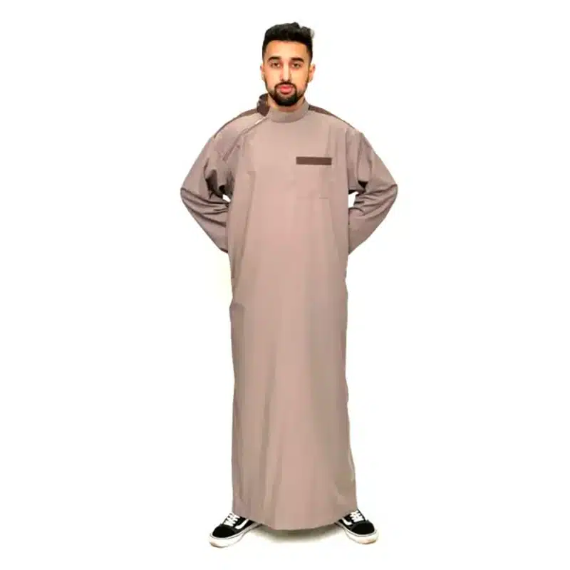 Men's Collared Two Tone Beige & Brown Thobe 467- Silver