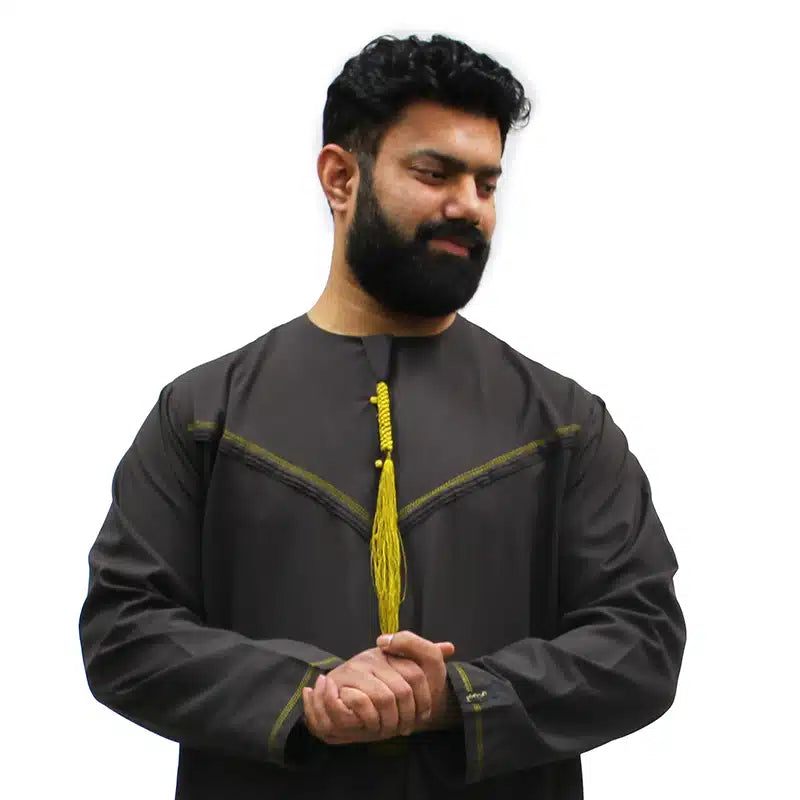 Omani Yellow Tassel Black Thobe 923-05