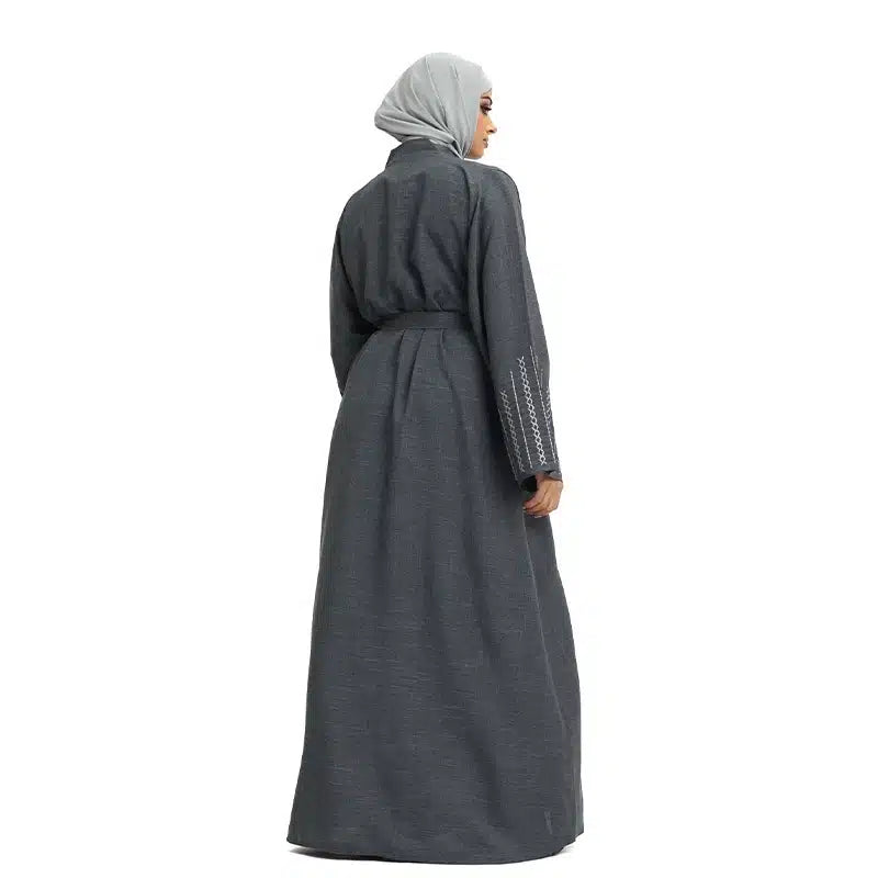 Women's Linen Grey Open Abaya Design 2