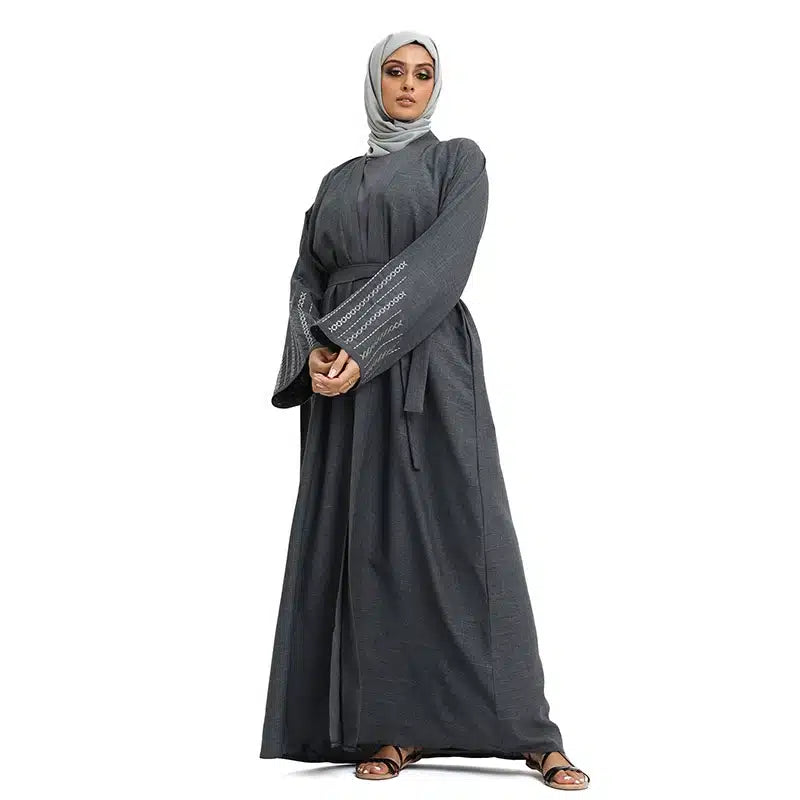 Women's Linen Grey Open Abaya Design 2