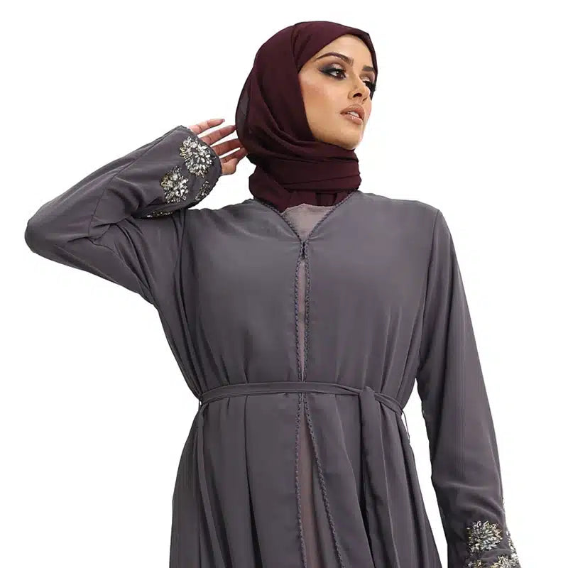 Hawa Chiffon Beaded Charcoal Kimono