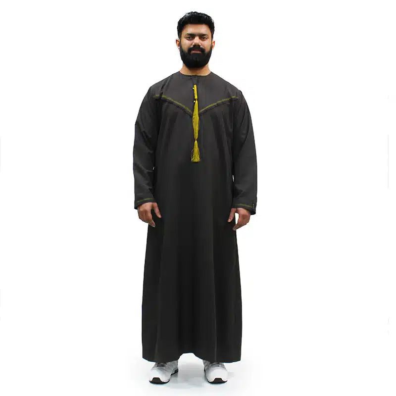 Omani Yellow Tassel Black Thobe 923-05