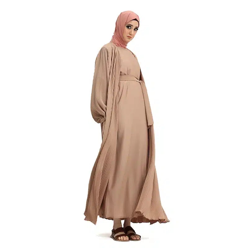 Pleated 2 Piece Nude Chiffon Kimono Set