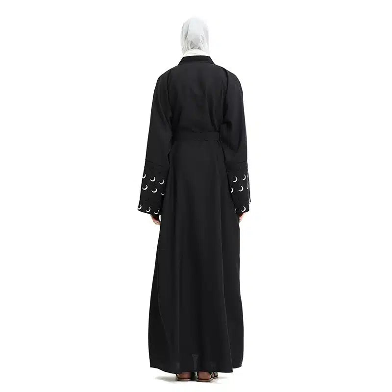 Linen Moon Embroidered Buttoned Black Abaya