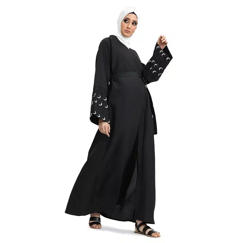 Linen Moon Embroidered Buttoned Black Abaya