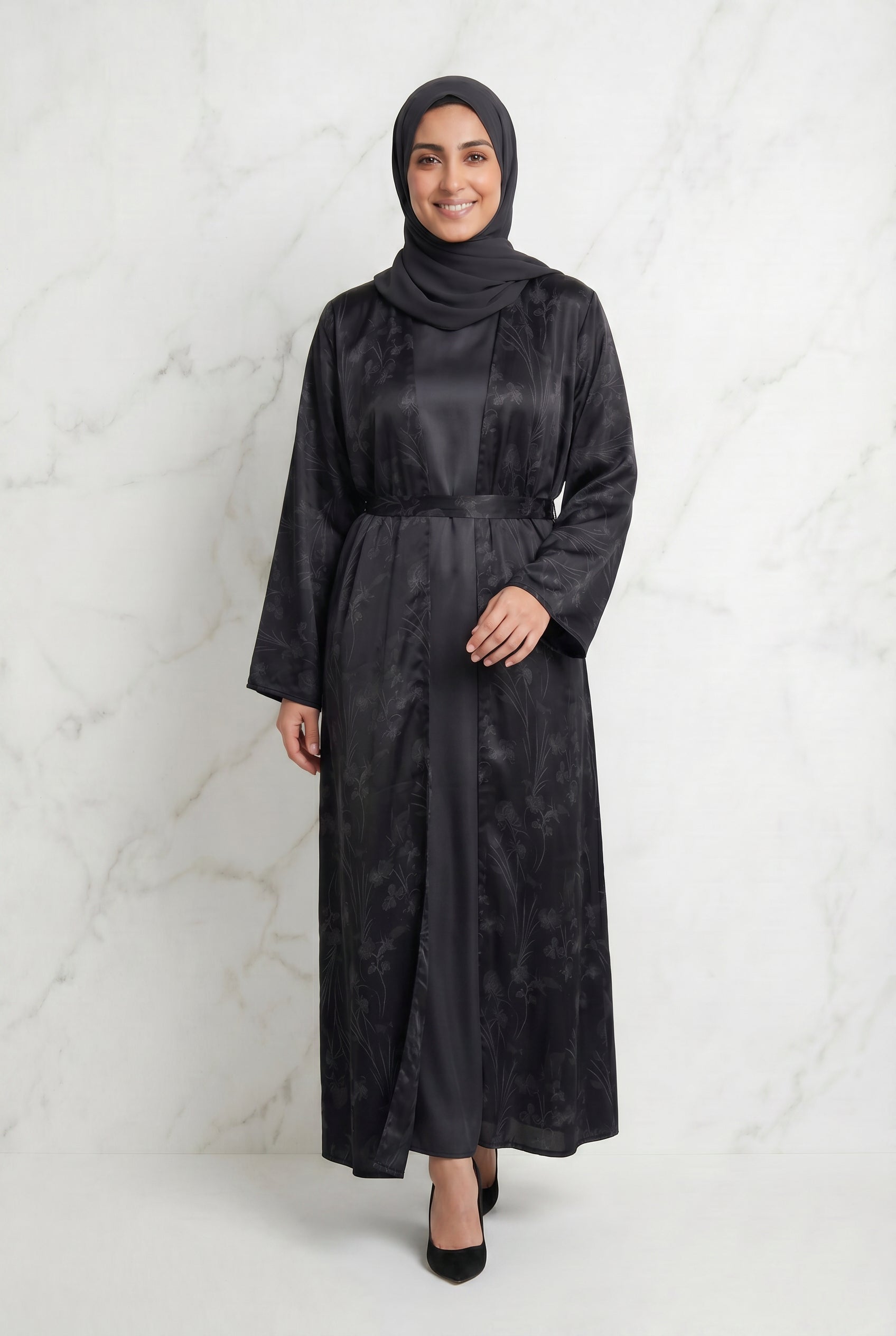 Samira Satin Abaya 655 Col 4 Black w/ Silver