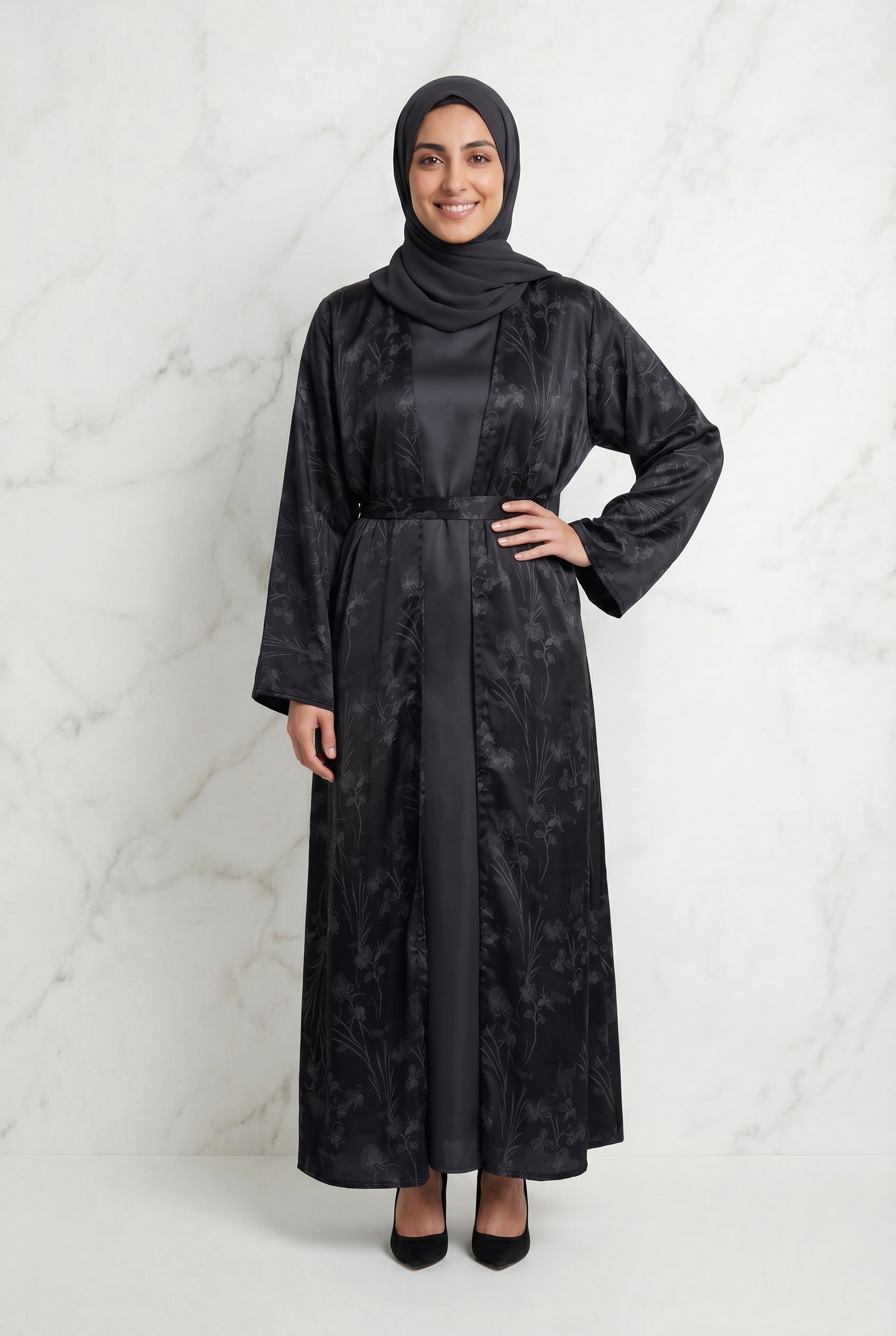 Samira Satin Abaya 655 Col 4 Black w/ Silver