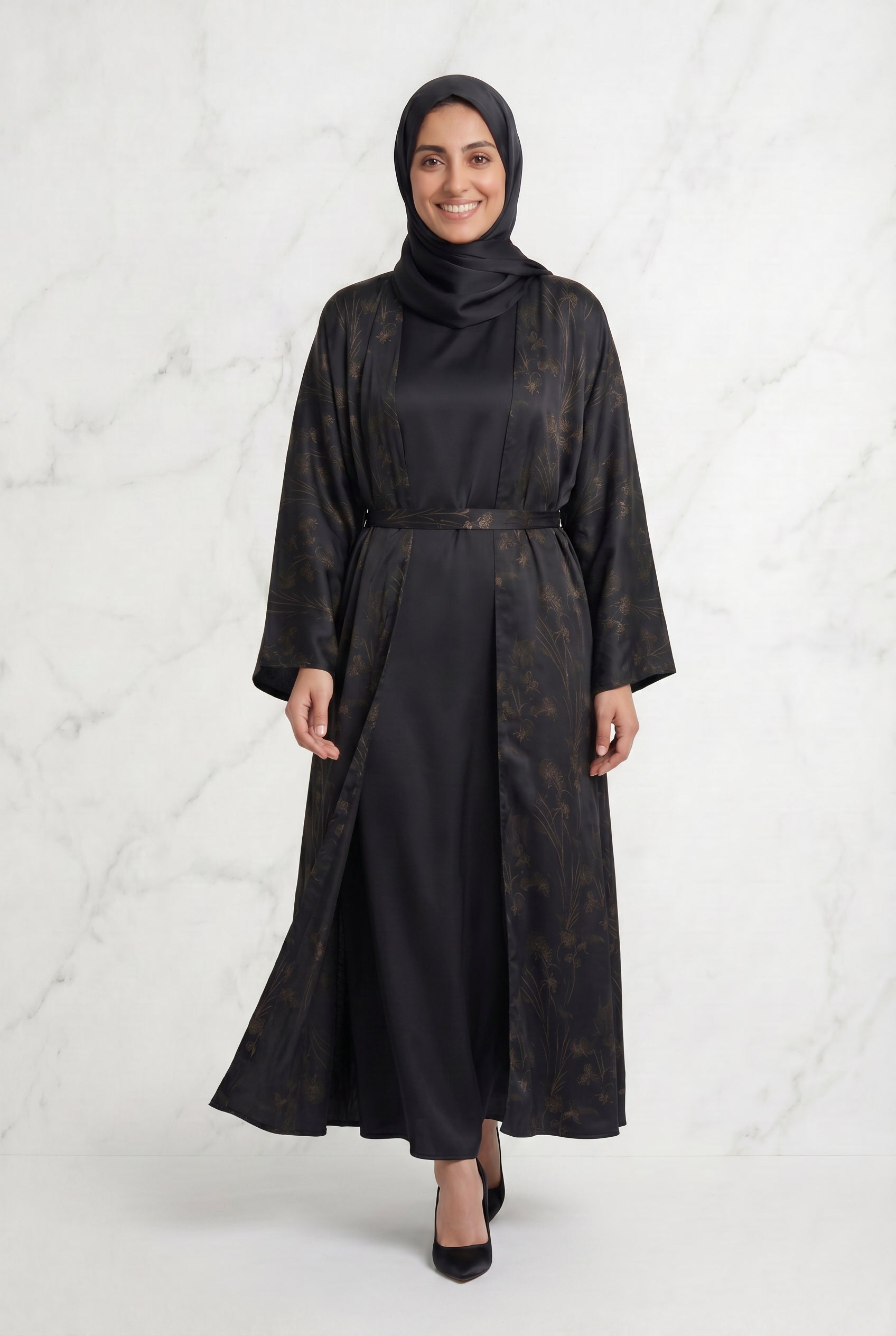 Samira Satin Abaya 655 Col 5 Black w/ Gold