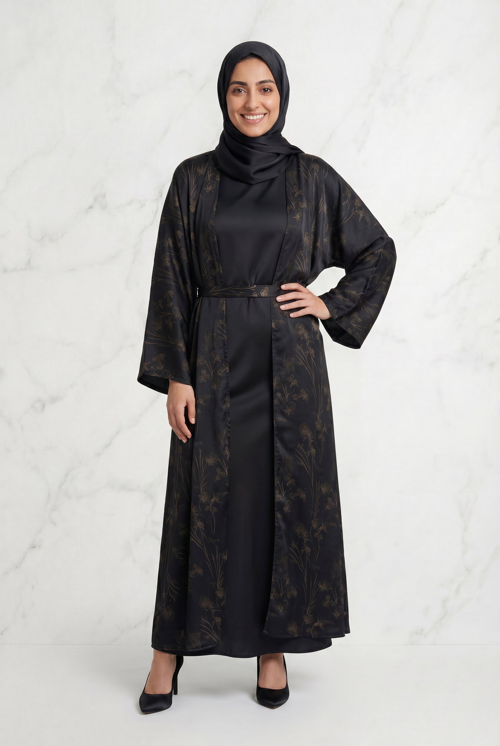 Samira Satin Abaya 655 Col 5 Black w/ Gold