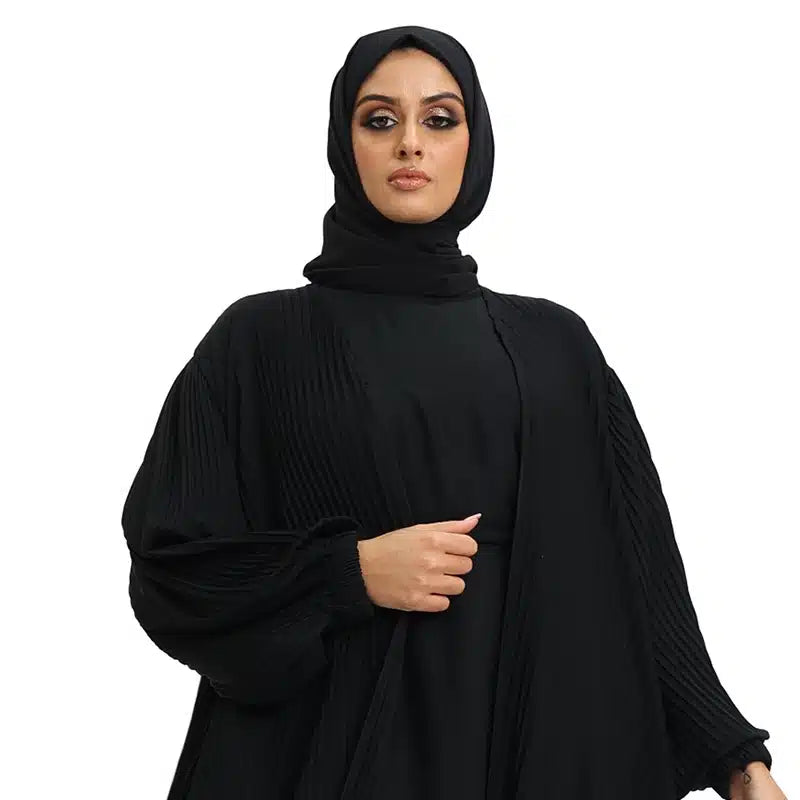 Pleated 2 Piece Black Chiffon Kimono Set