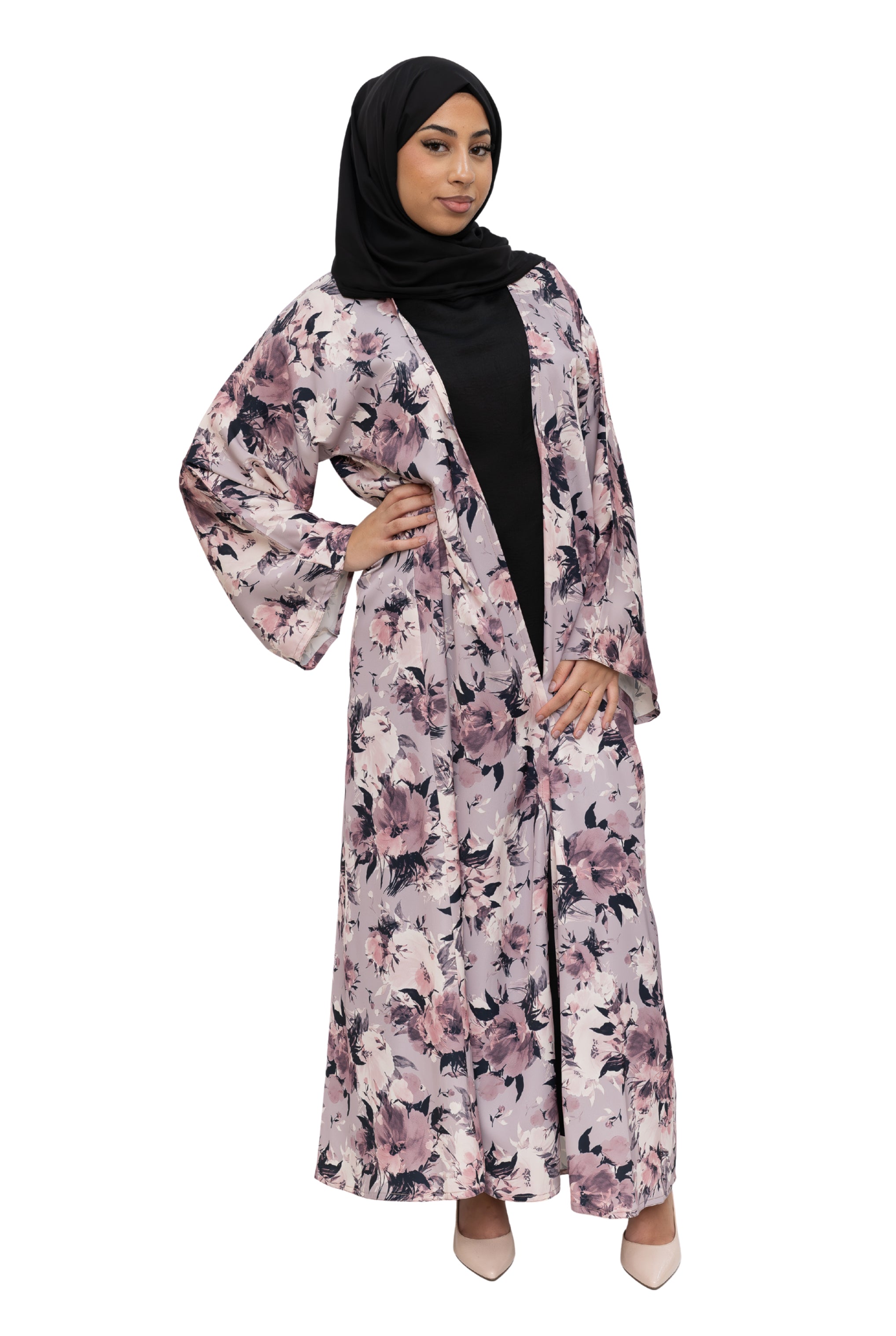 Satin Floral Kimono Abaya Pastel Pink ASL-645