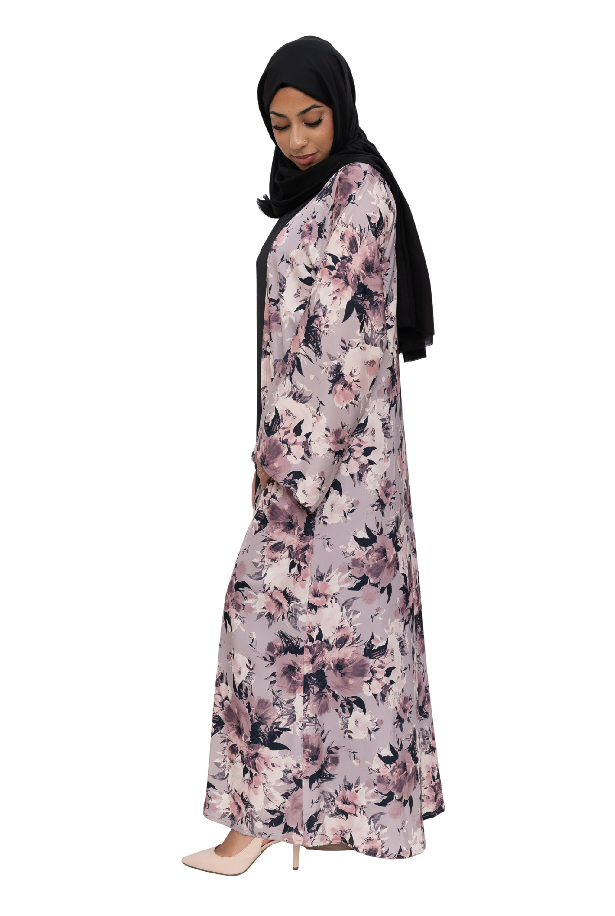 Satin Floral Kimono Abaya Pastel Pink ASL-645