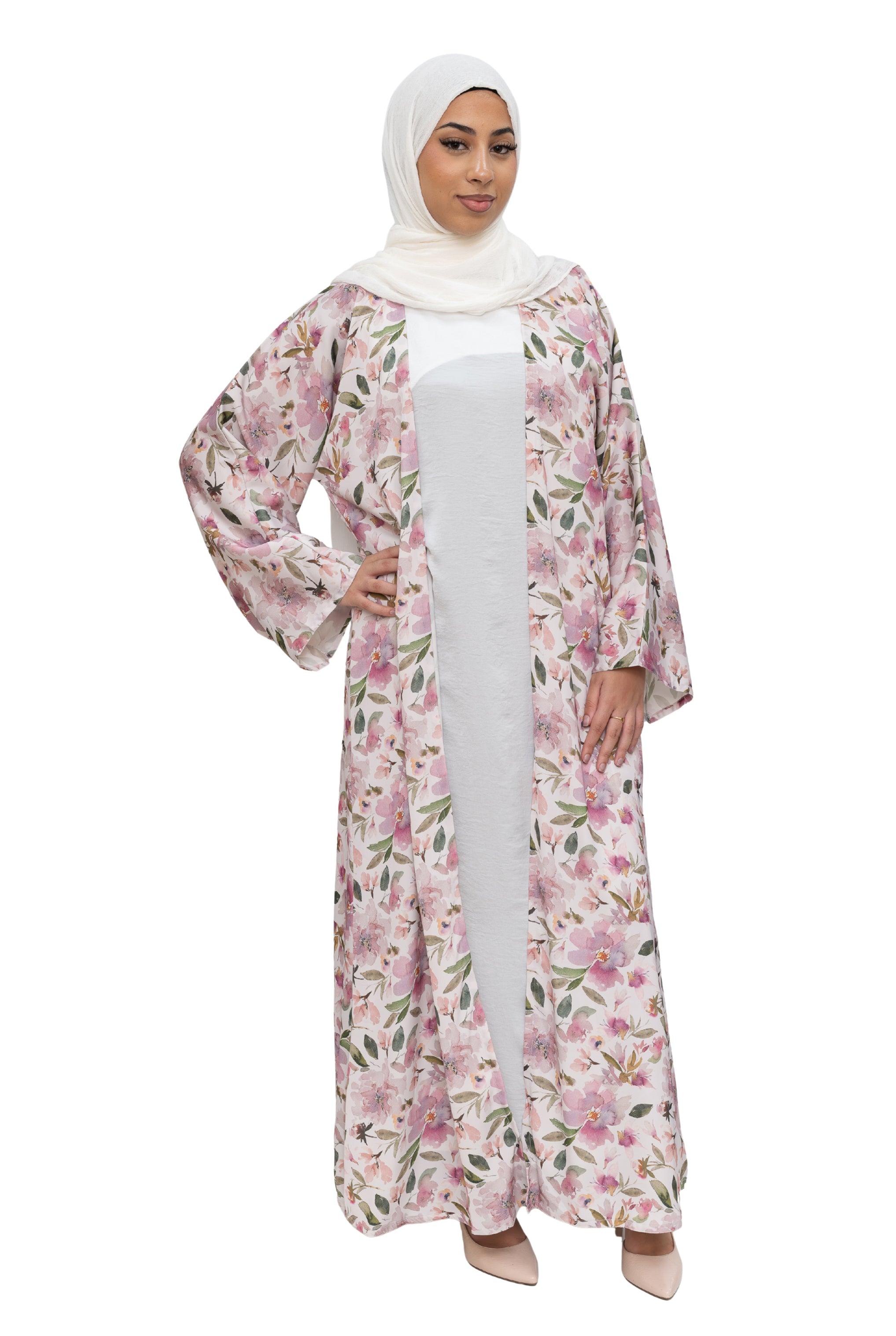 Satin Floral Kimono Abaya White Pink ASL-644