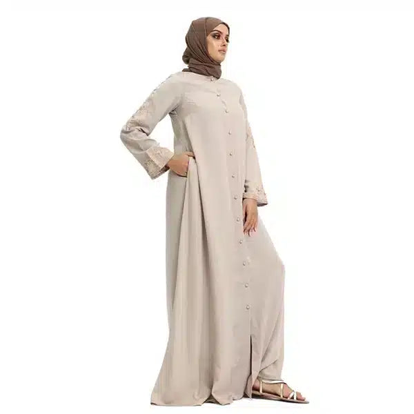 Embroidered Buttoned Cream Abaya