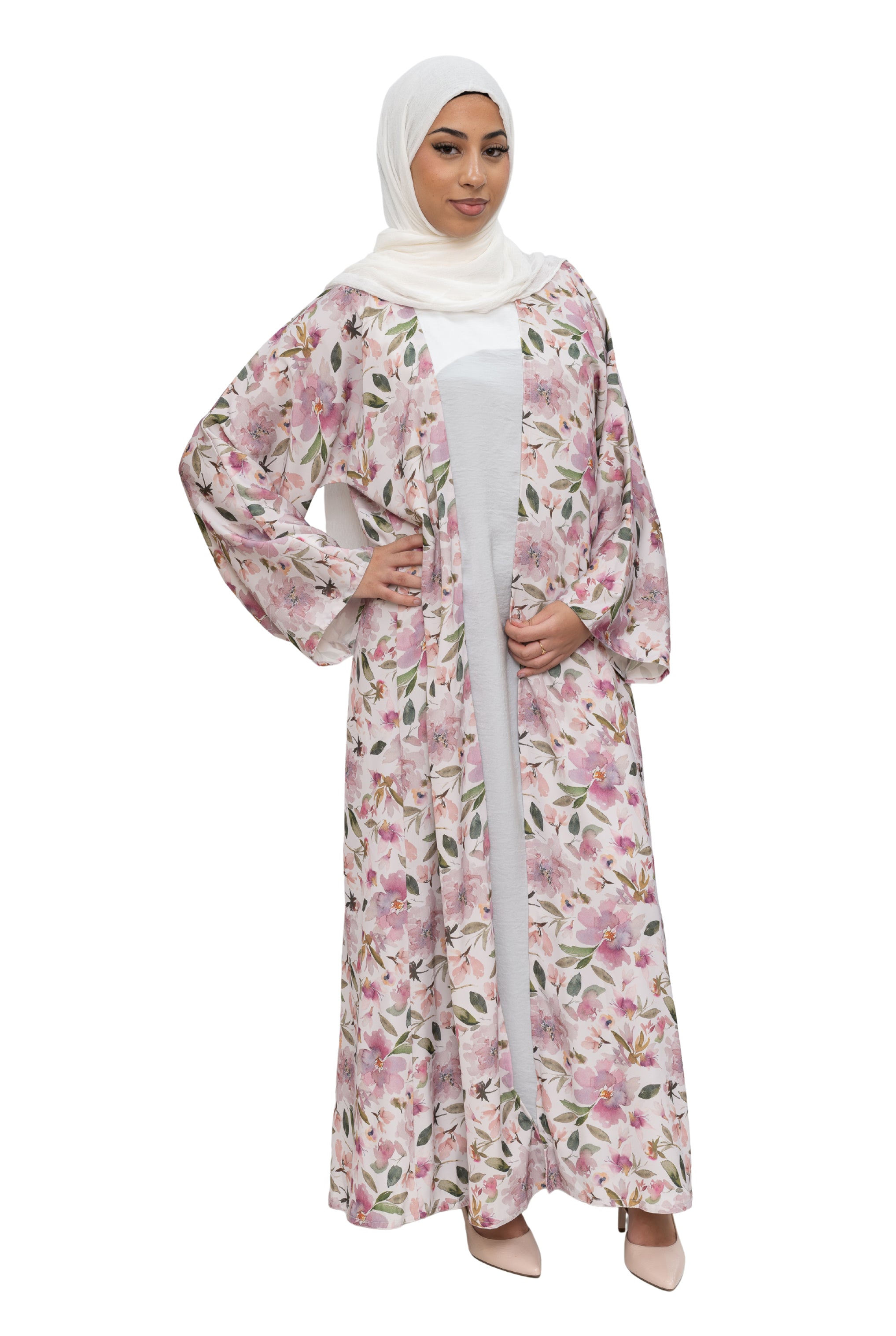 Satin Floral Kimono Abaya White Pink ASL-644