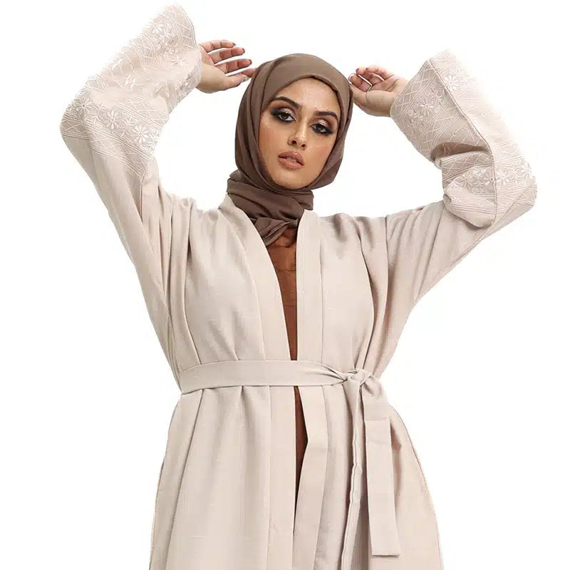 Women's Linen Pastel Peach Open Abaya Design 1