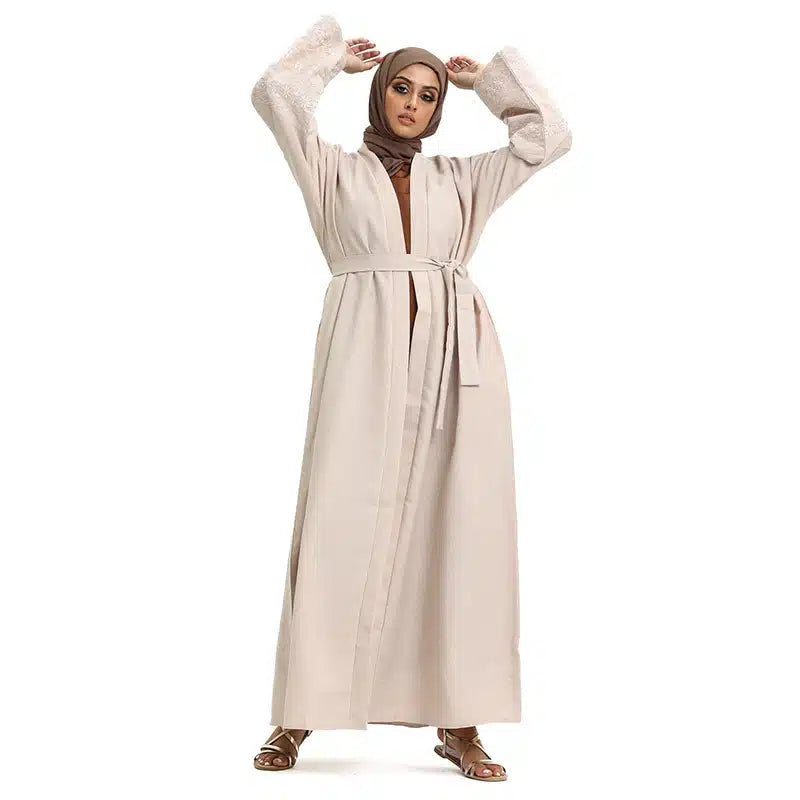 Women's Linen Pastel Peach Open Abaya Design 1