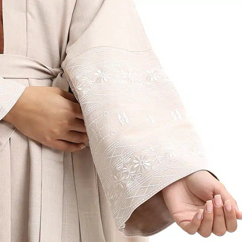 Women's Linen Pastel Peach Open Abaya Design 1