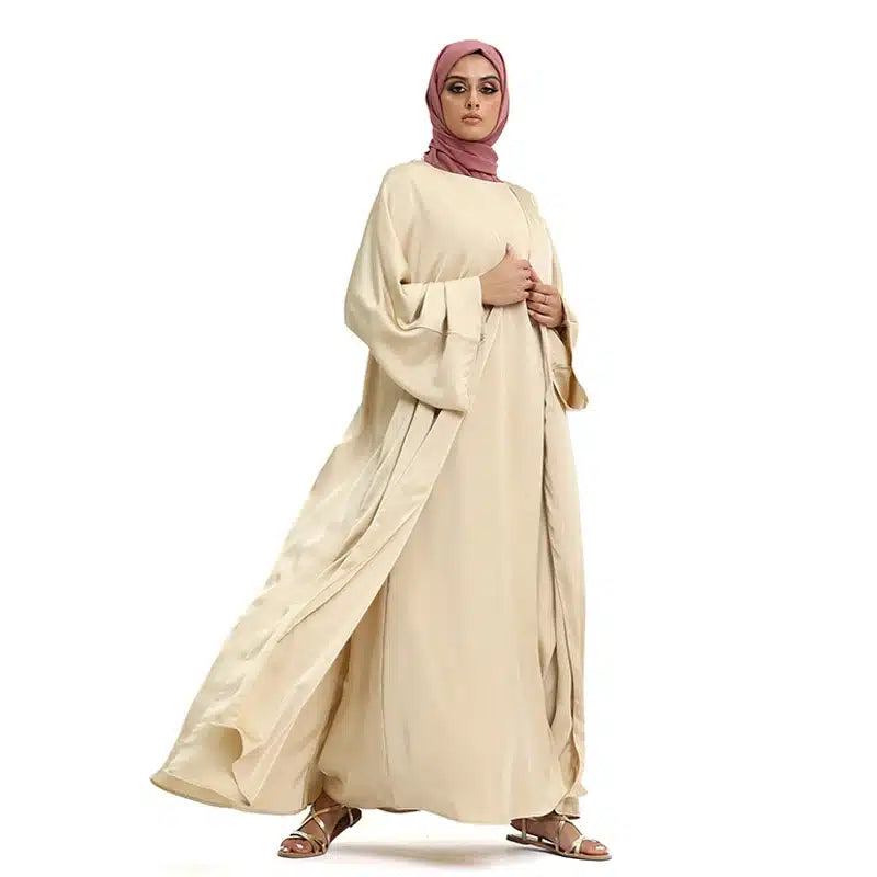 Two Piece Loose-fit Satin Coffee Cream Kimono