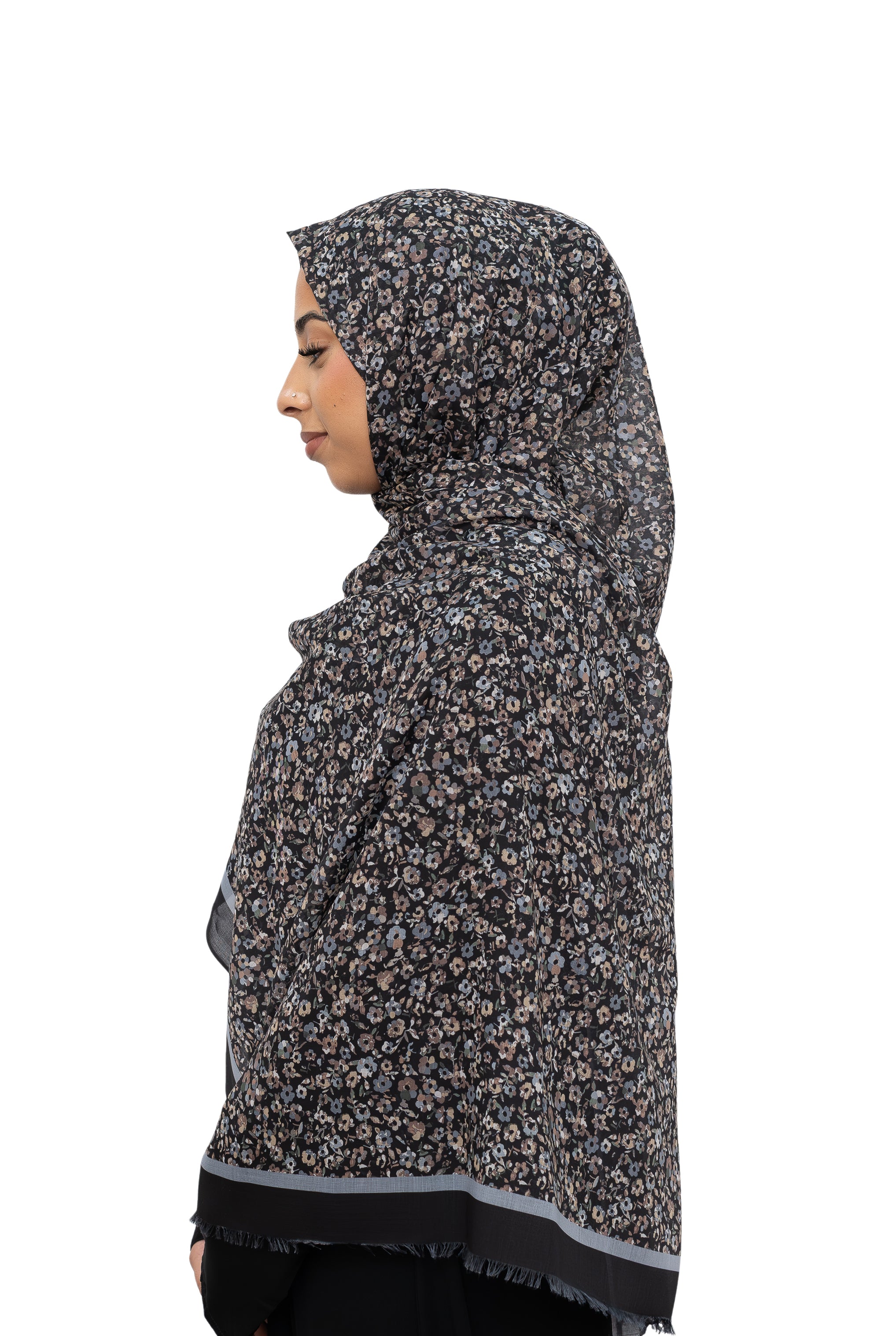 Exclusive Cotton Print Hijab Floral Black Grey Col 5