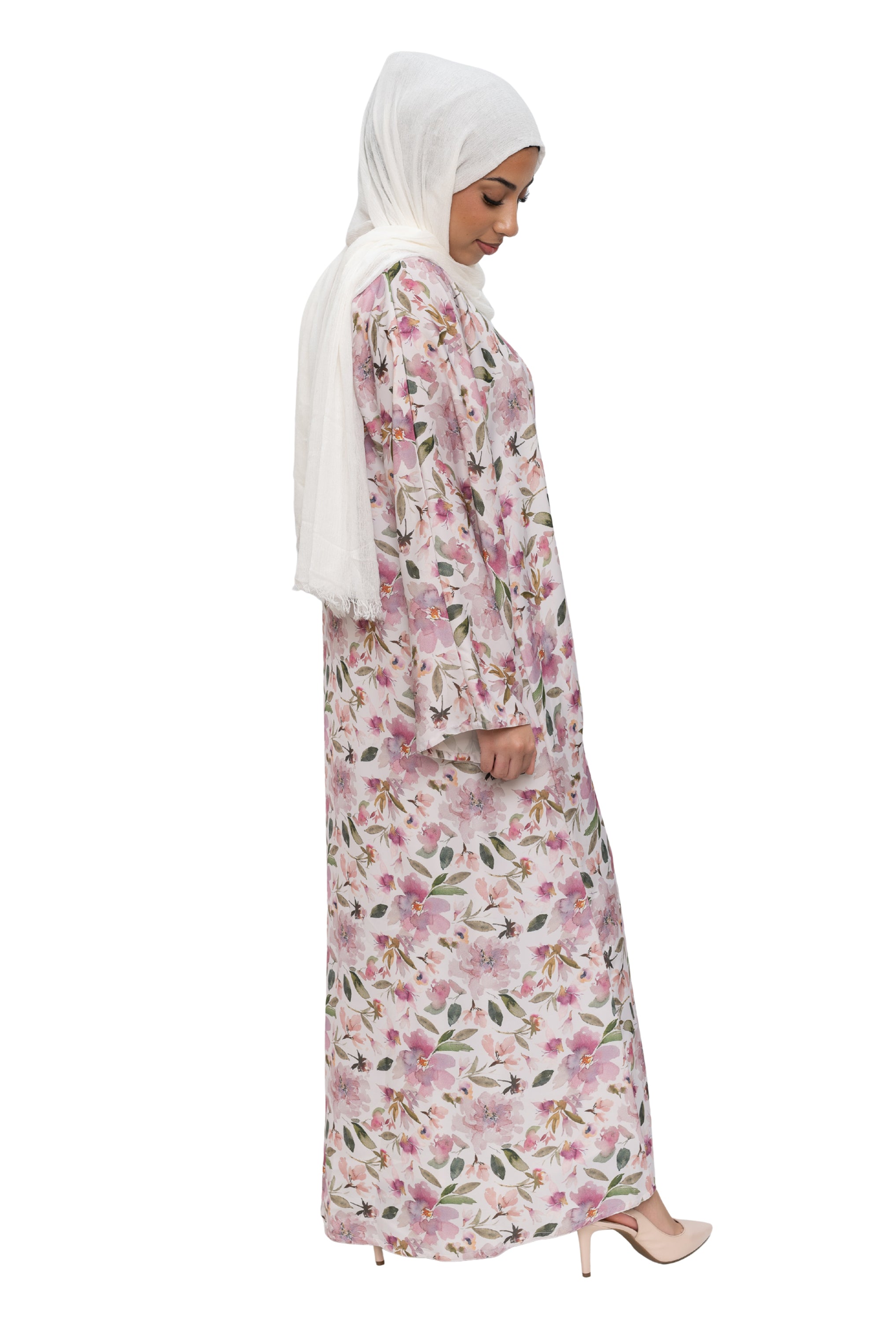 Satin Floral Kimono Abaya White Pink ASL-644