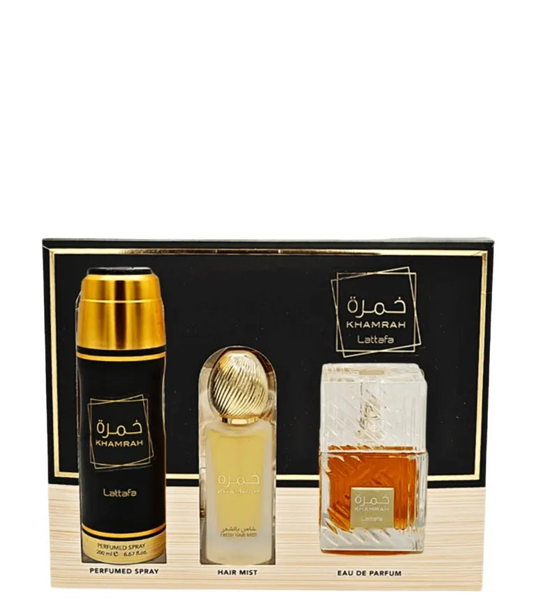 Khamrah By Lattafa Unisex 3 Pcs Gift Set 100ml EDP + 200ml Deo + 50ml Hair Mist