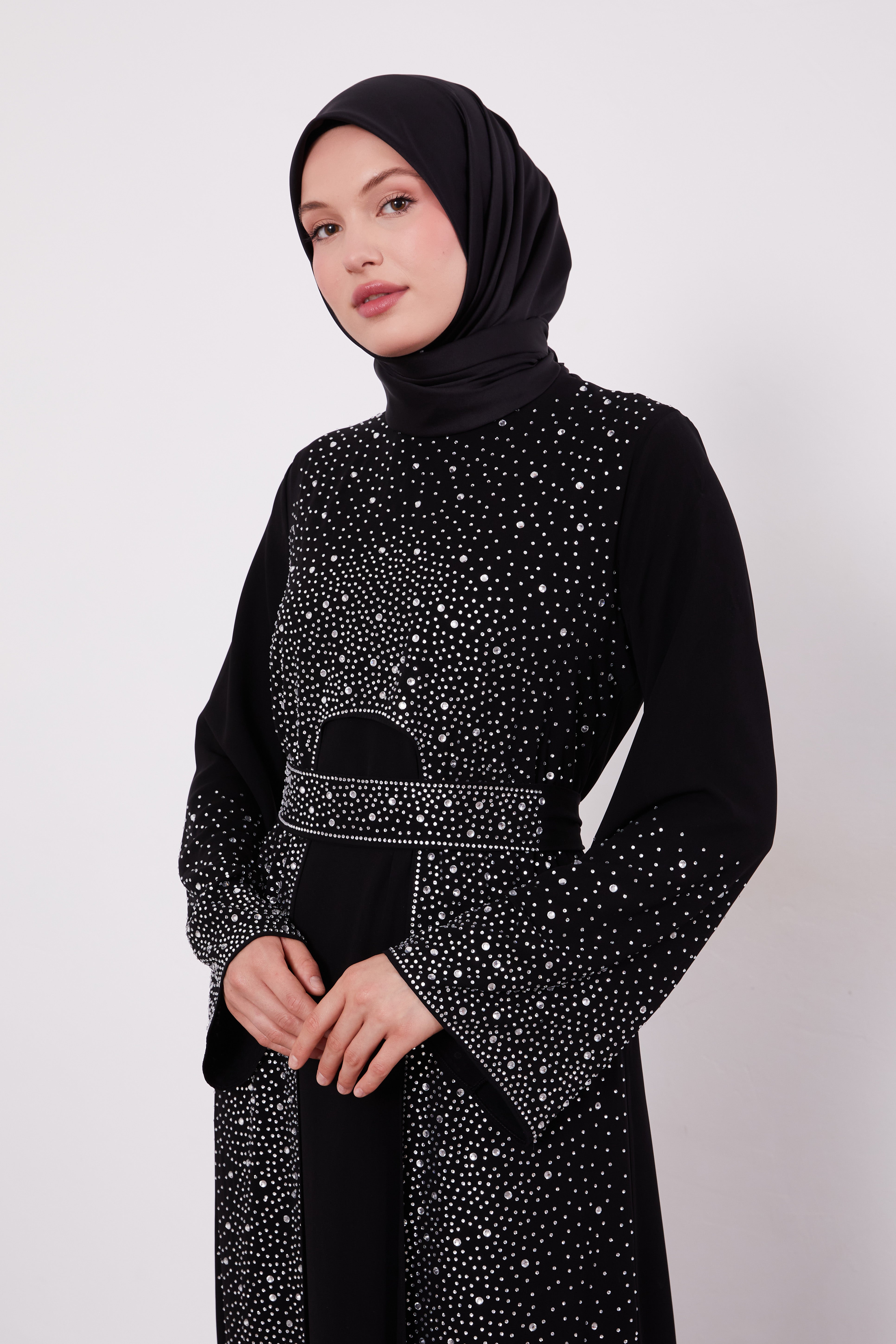 Diamond Beaded 2 Piece Party Abaya Black