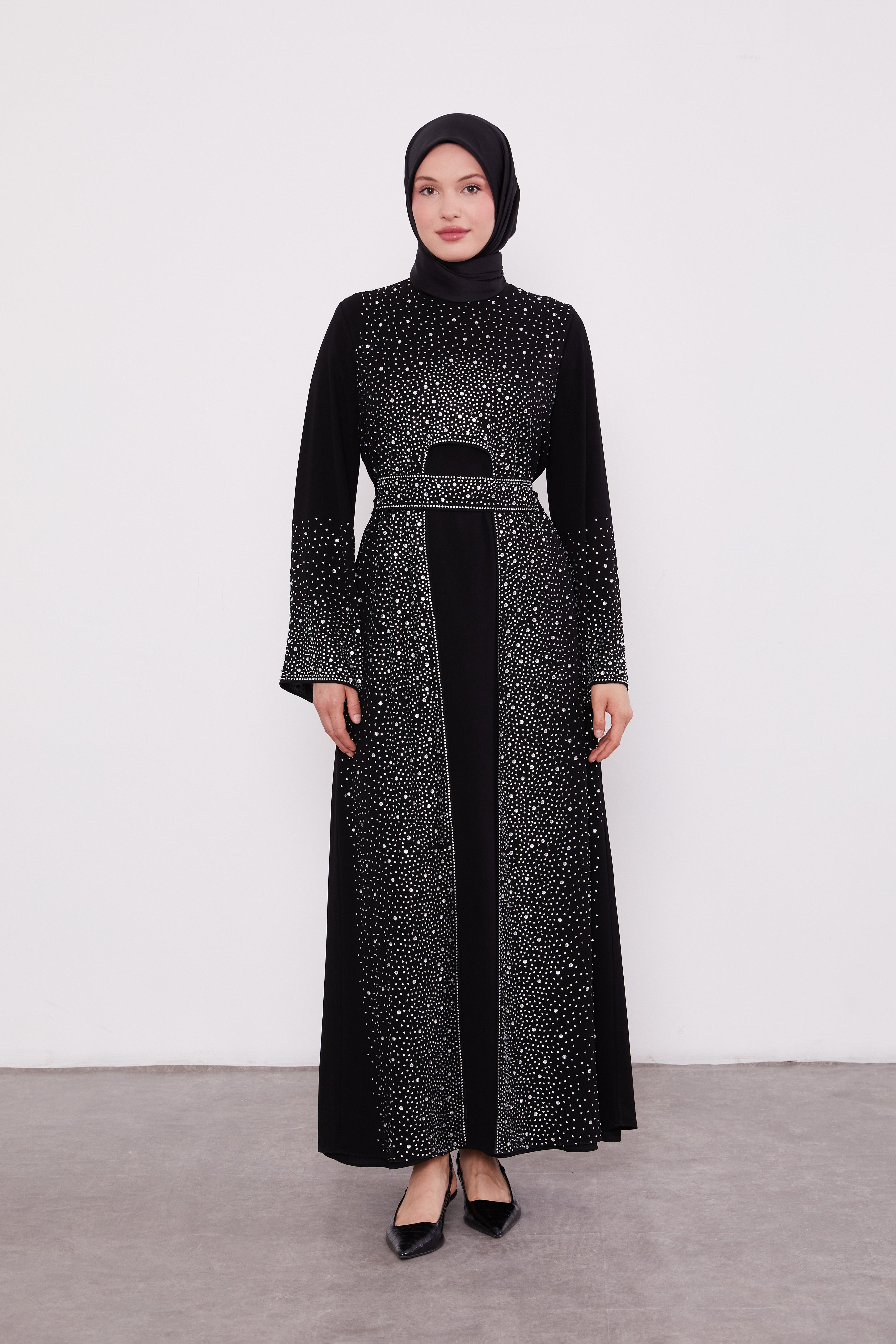 Diamond Beaded 2 Piece Party Abaya Black