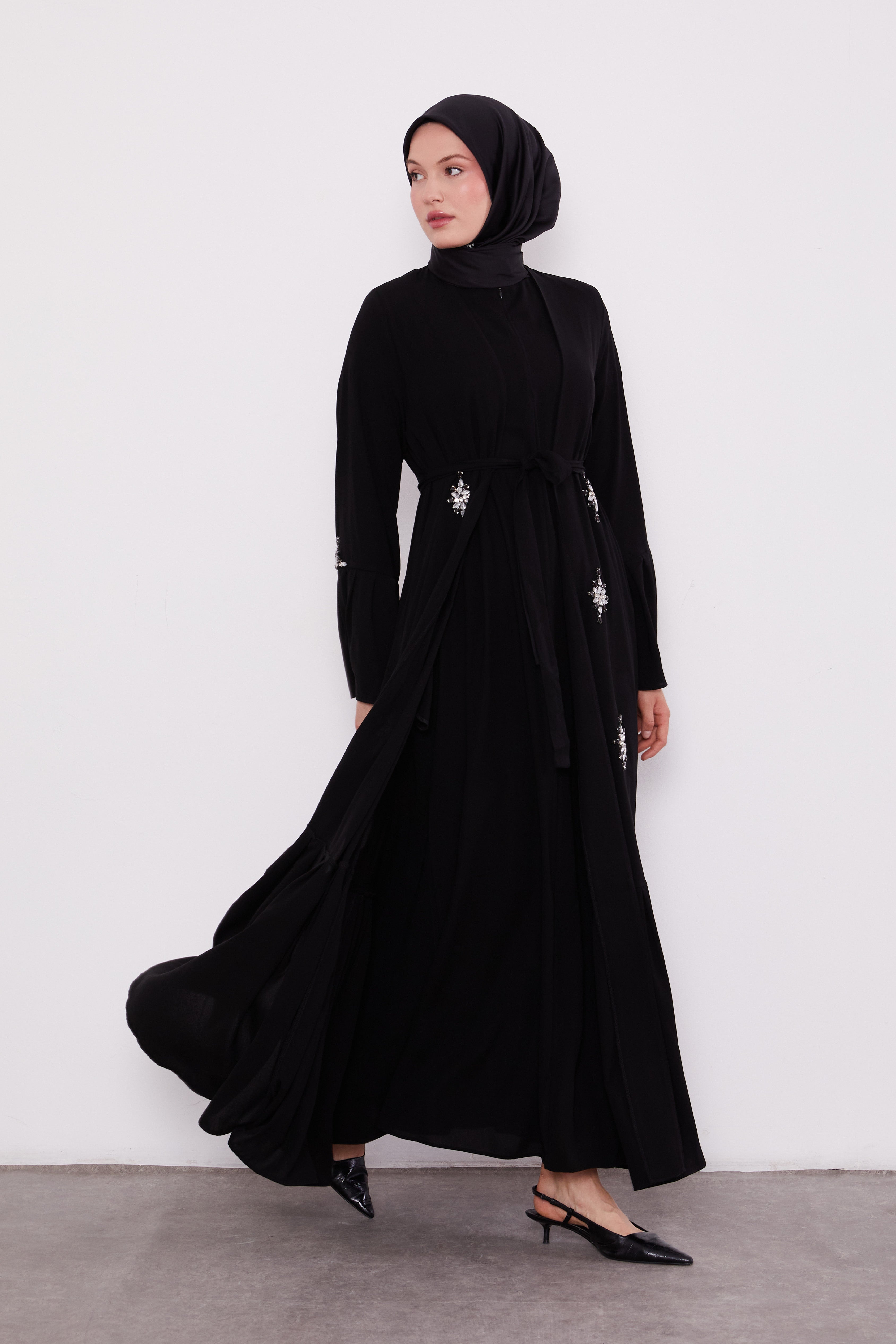 Two Piece Frilled Corsage Diamond Kimono Set Black 520709