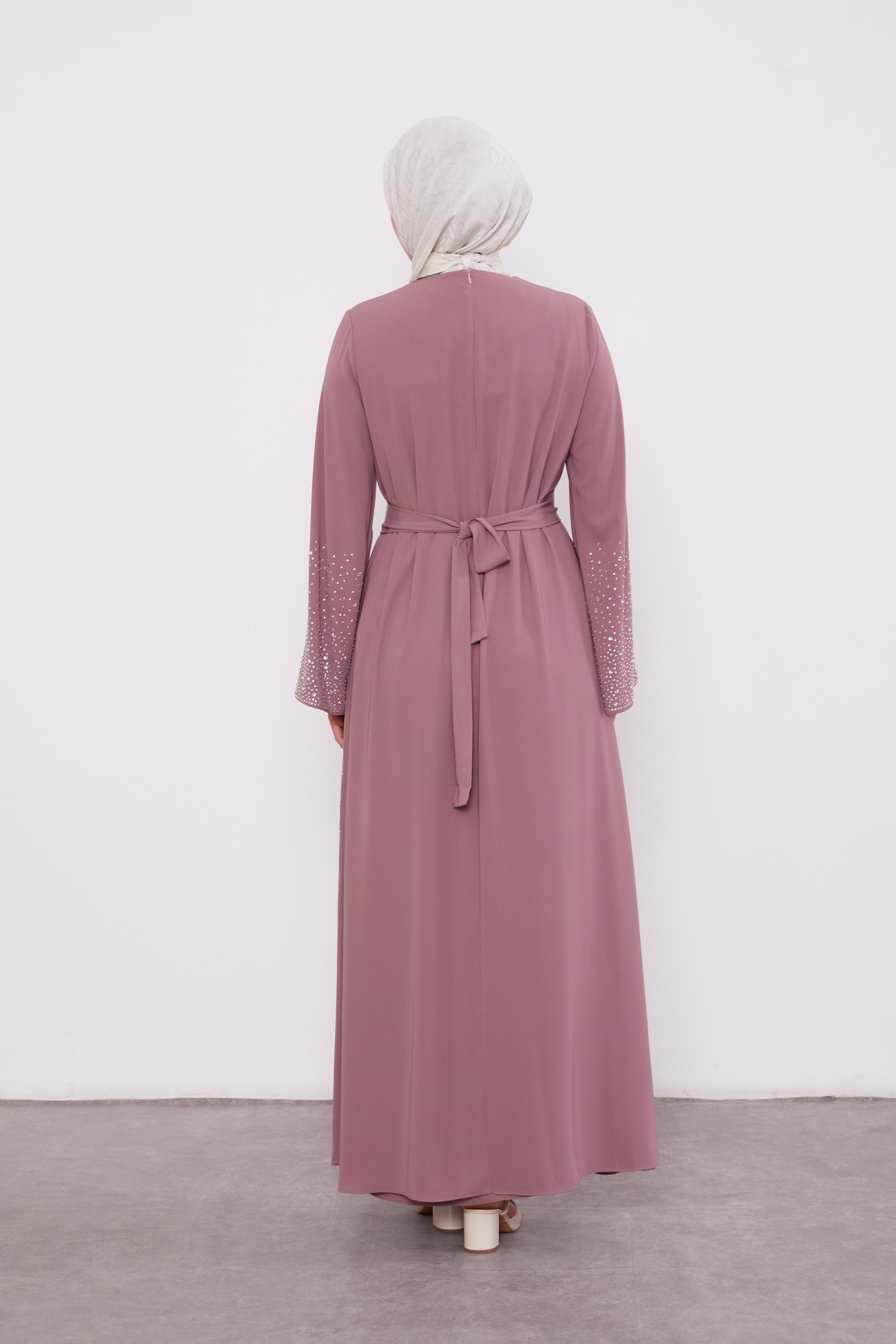 Diamond Beaded 2 Piece Party Abaya Dusty Rose