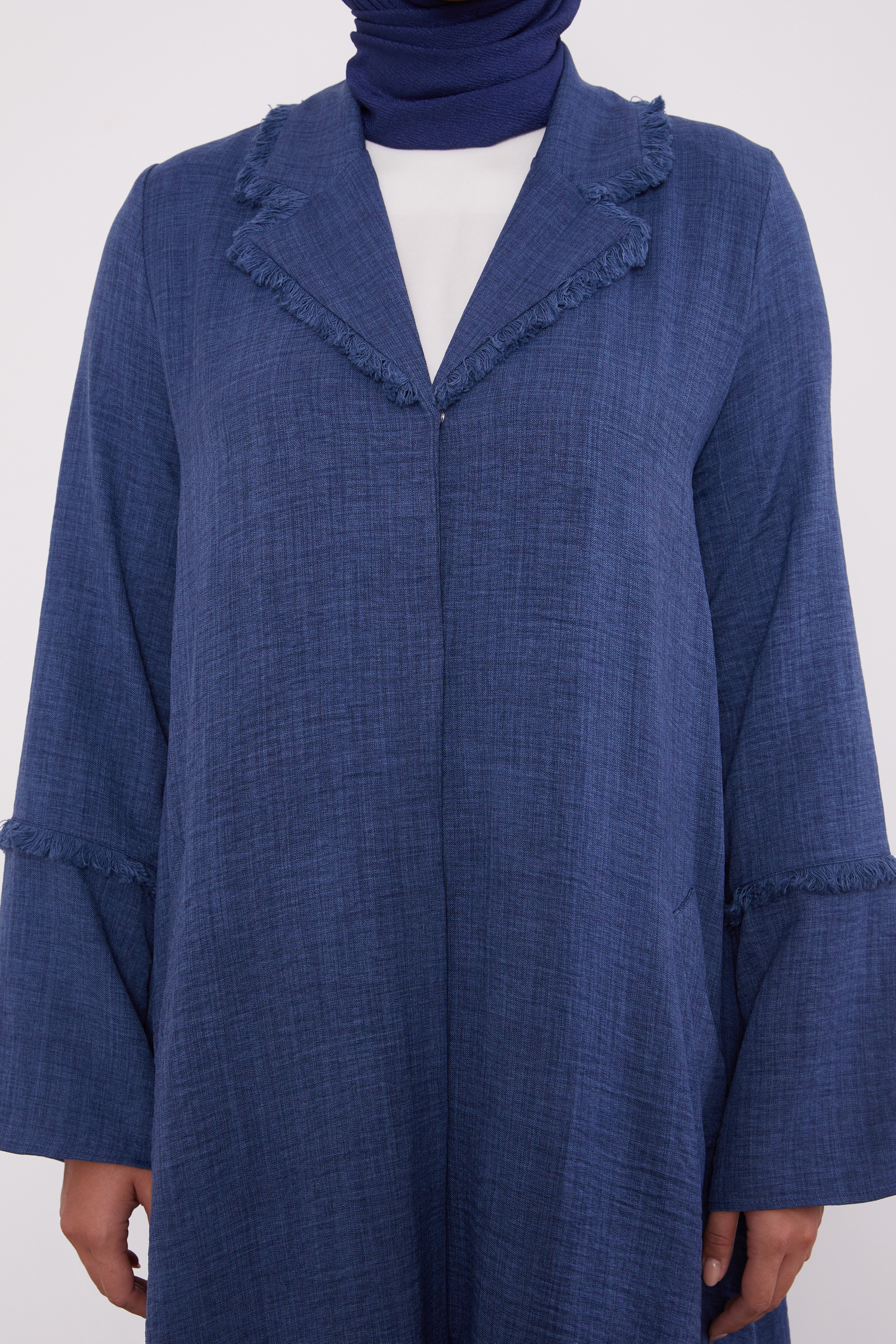 Feather Coat Style Buttoned Abaya Indigo