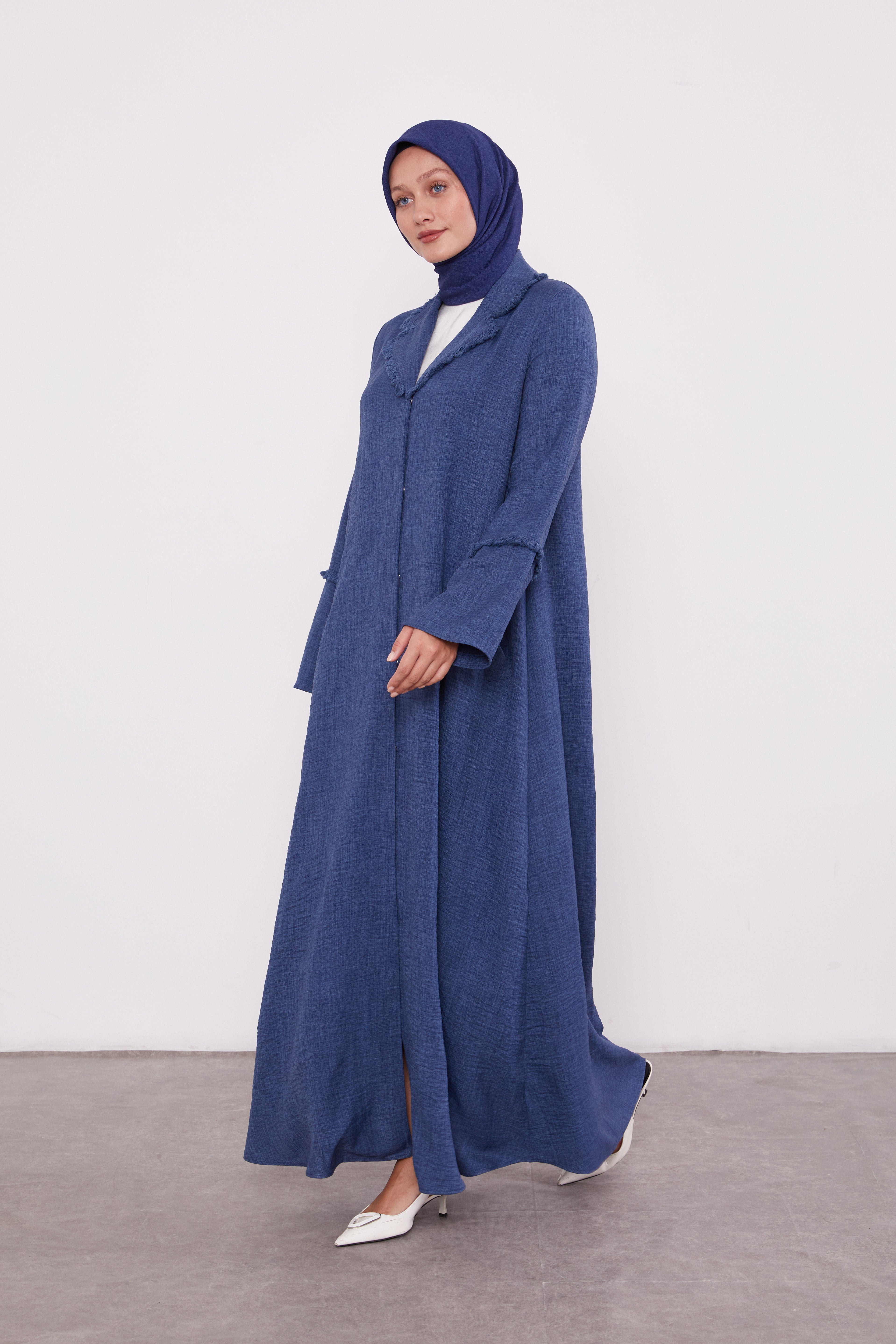 Feather Coat Style Buttoned Abaya Indigo