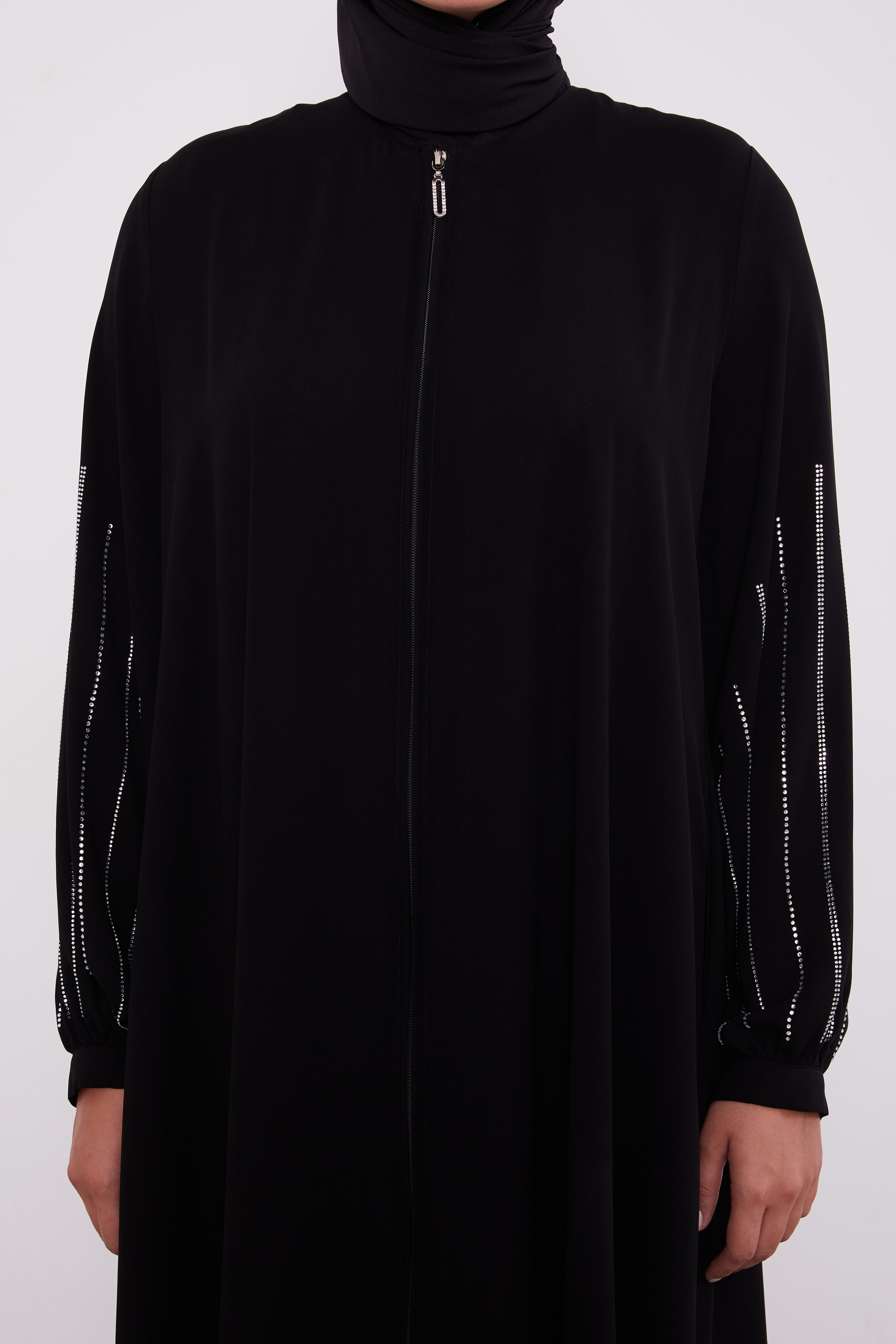 Classic Zipped Abaya with Cuffed Sequenced Sleeves Black 520628