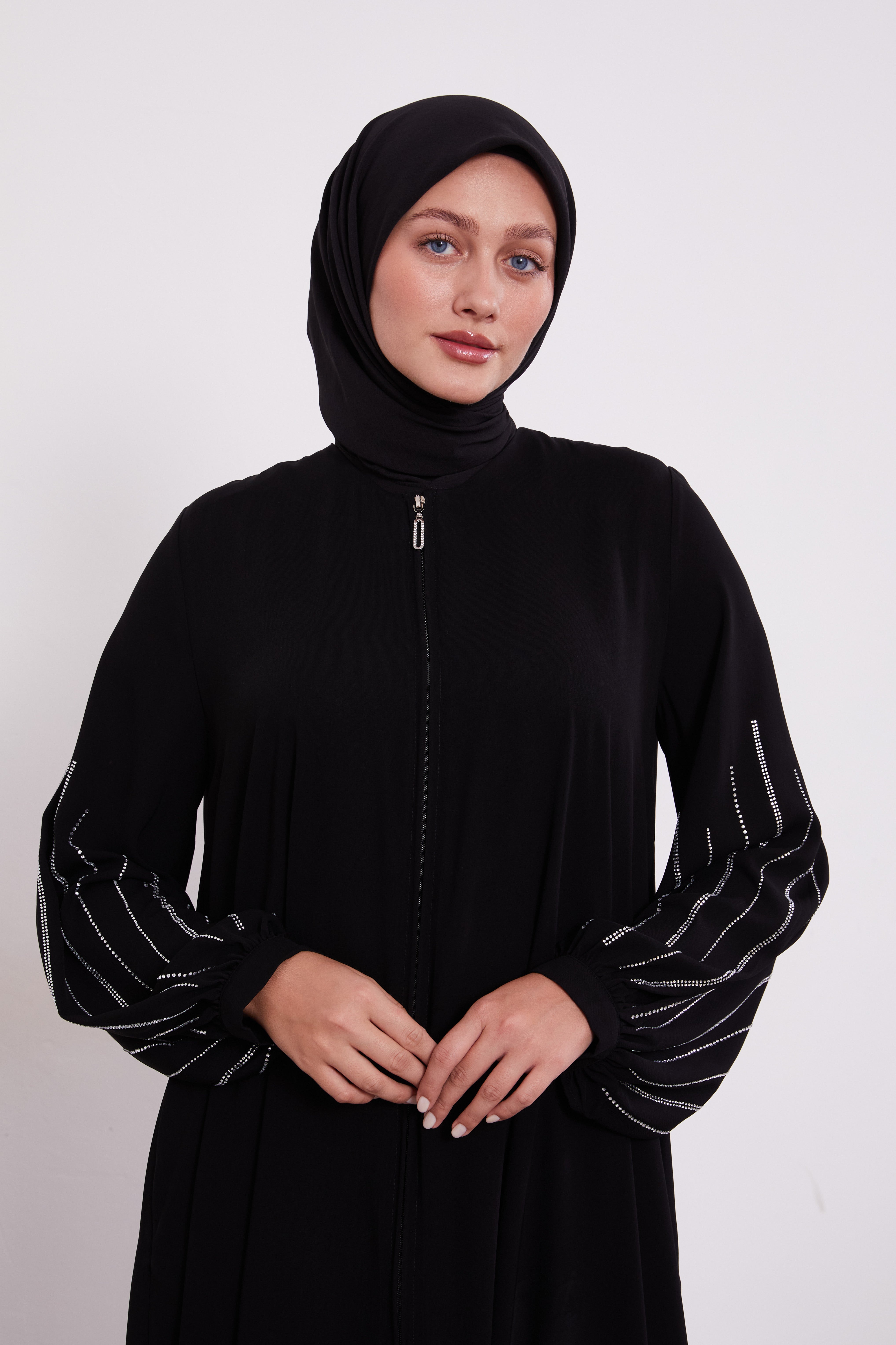 Classic Zipped Abaya with Cuffed Sequenced Sleeves Black 520628