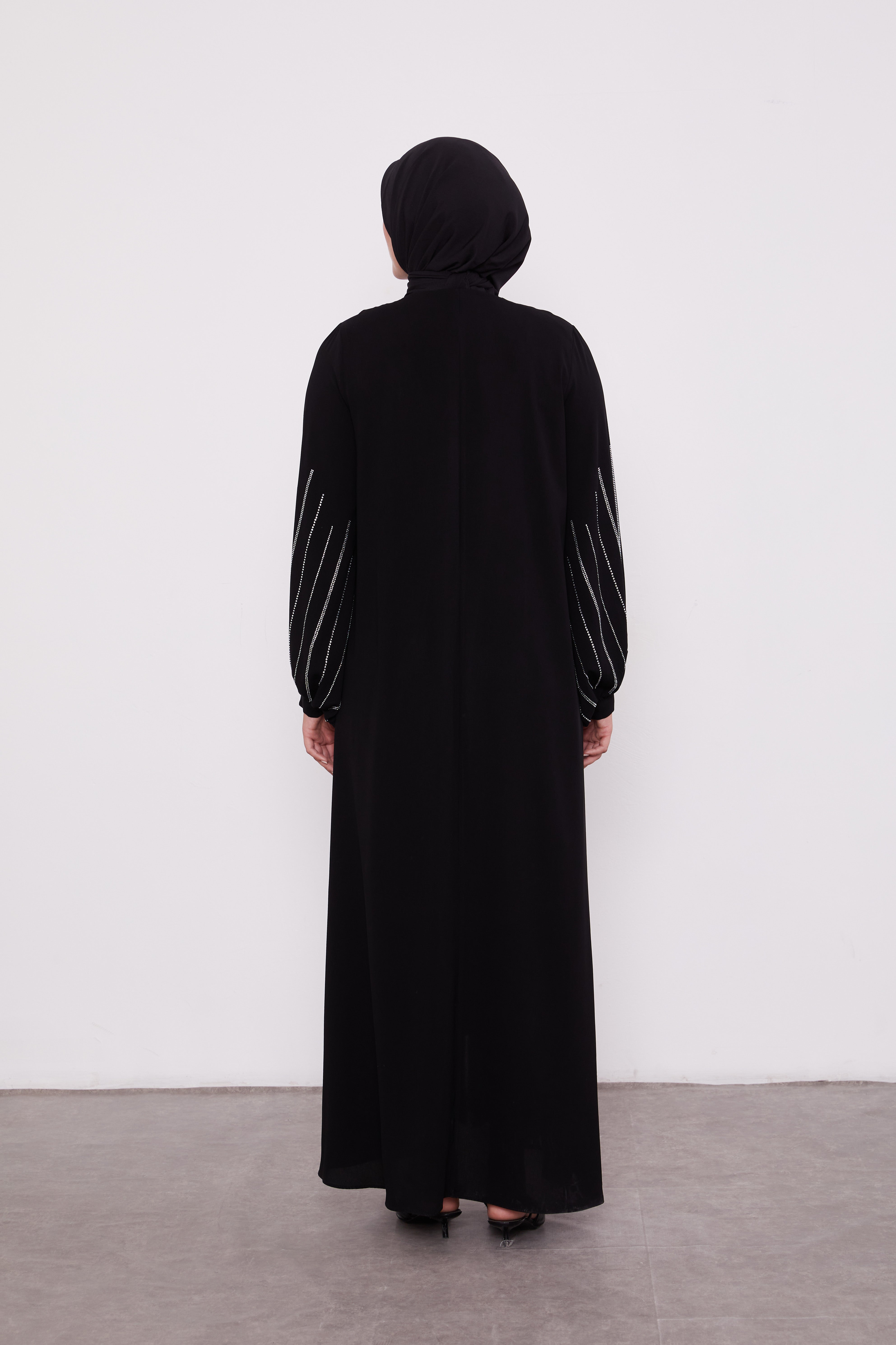 Classic Zipped Abaya with Cuffed Sequenced Sleeves Black 520628