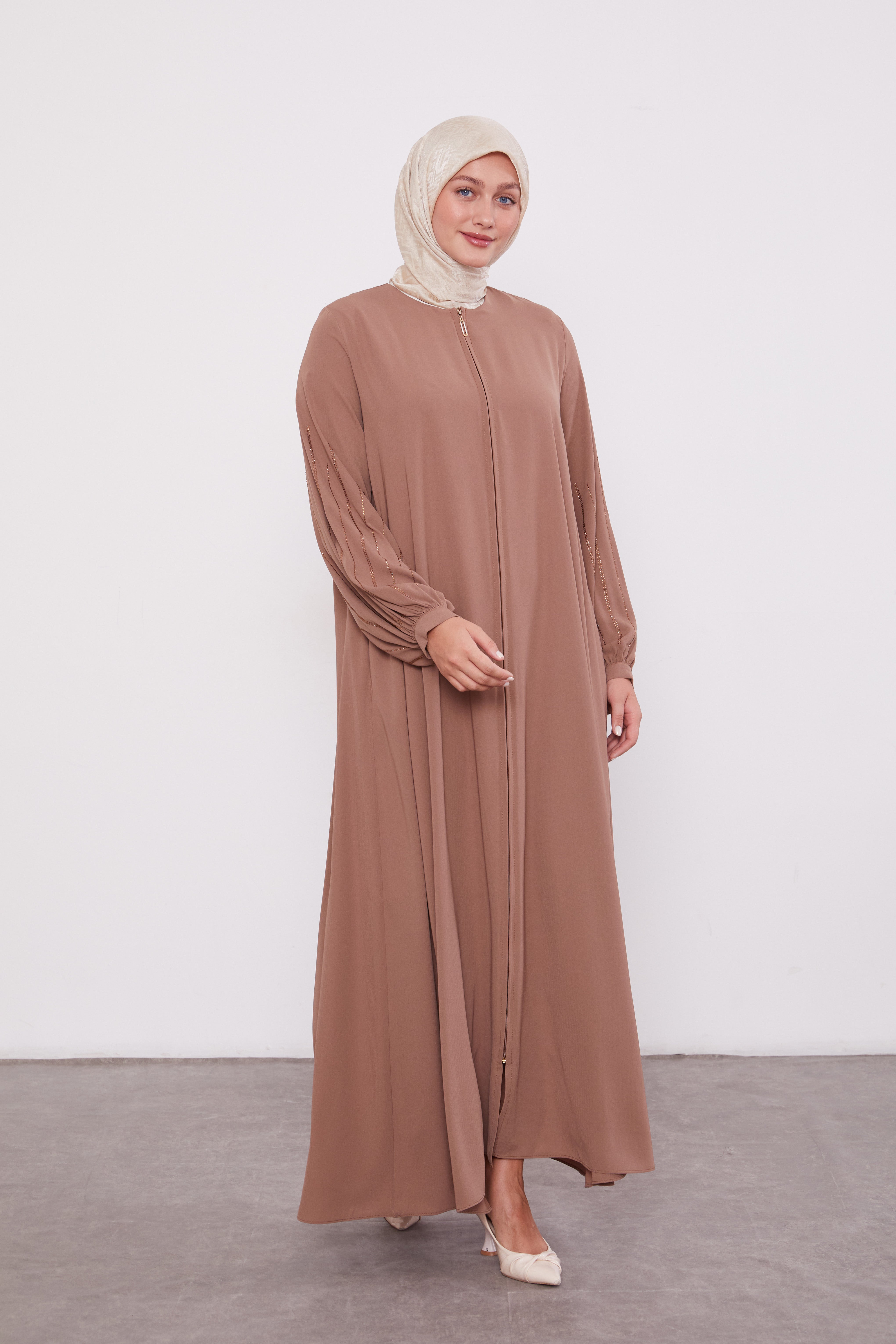 Classic Zipped Abaya with Cuffed Sequenced Sleeves Light brown 520628