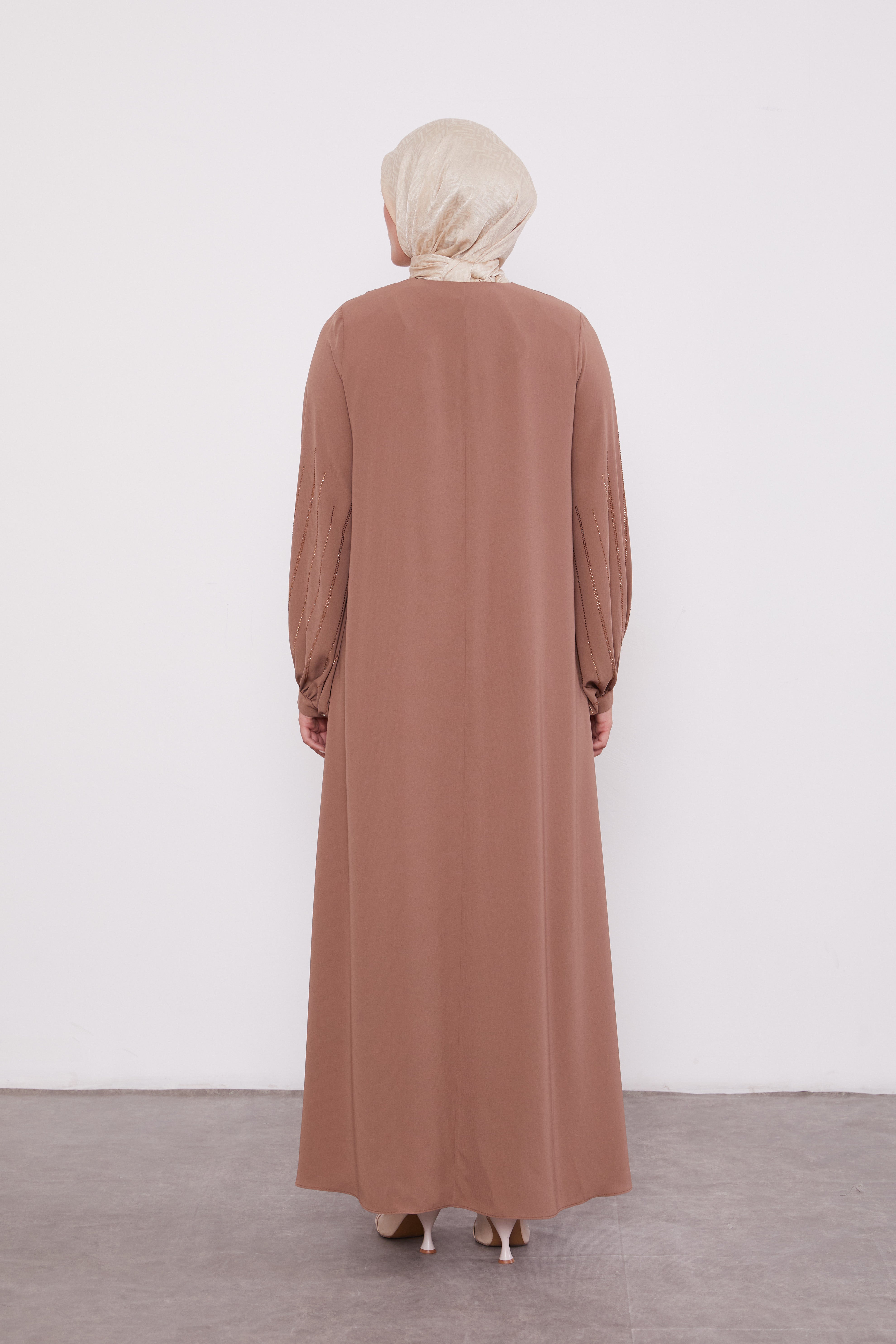 Classic Zipped Abaya with Cuffed Sequenced Sleeves Light brown 520628