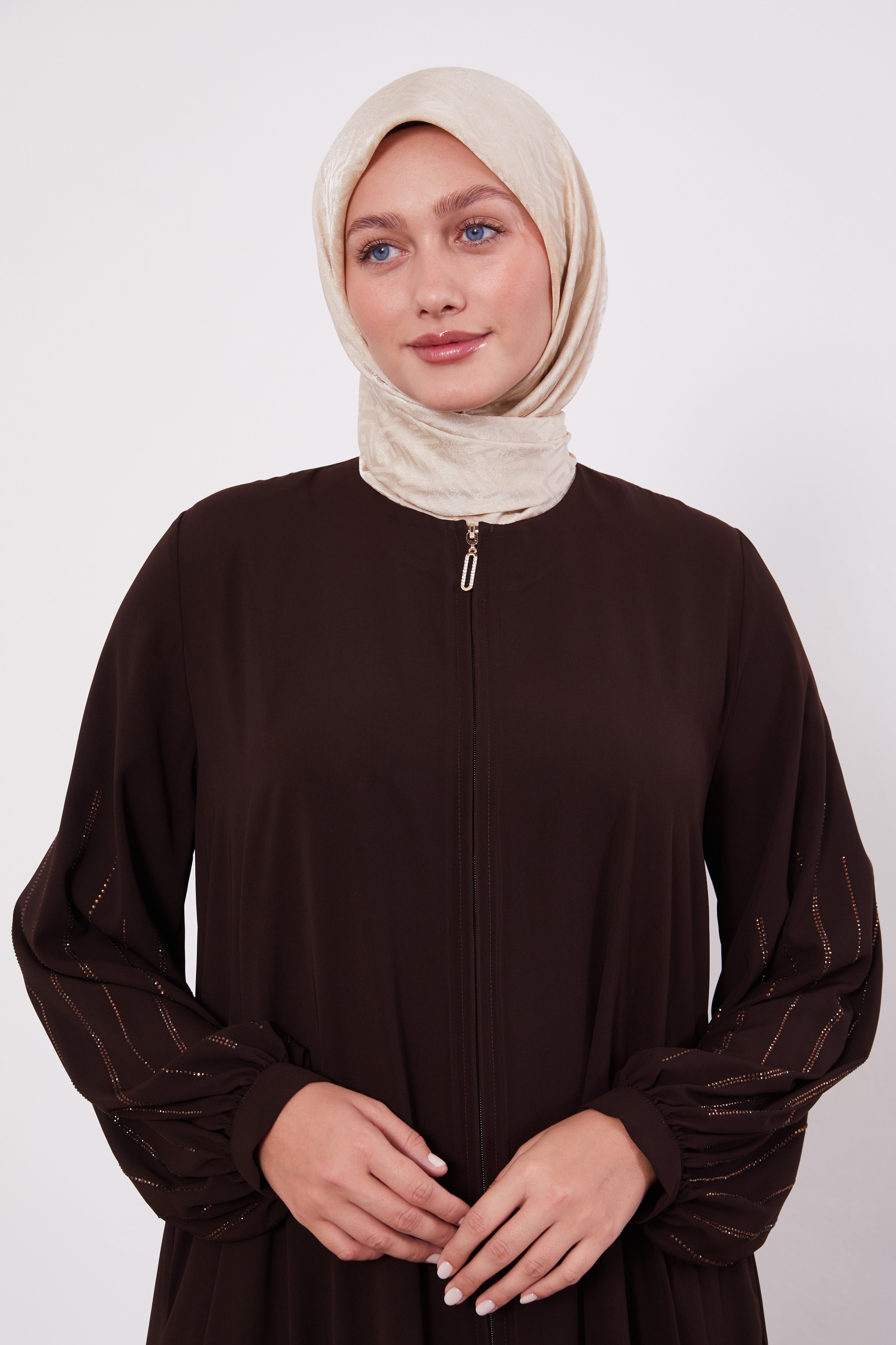 Classic Zipped Abaya with Cuffed Sequenced Sleeves Chocolate 520628