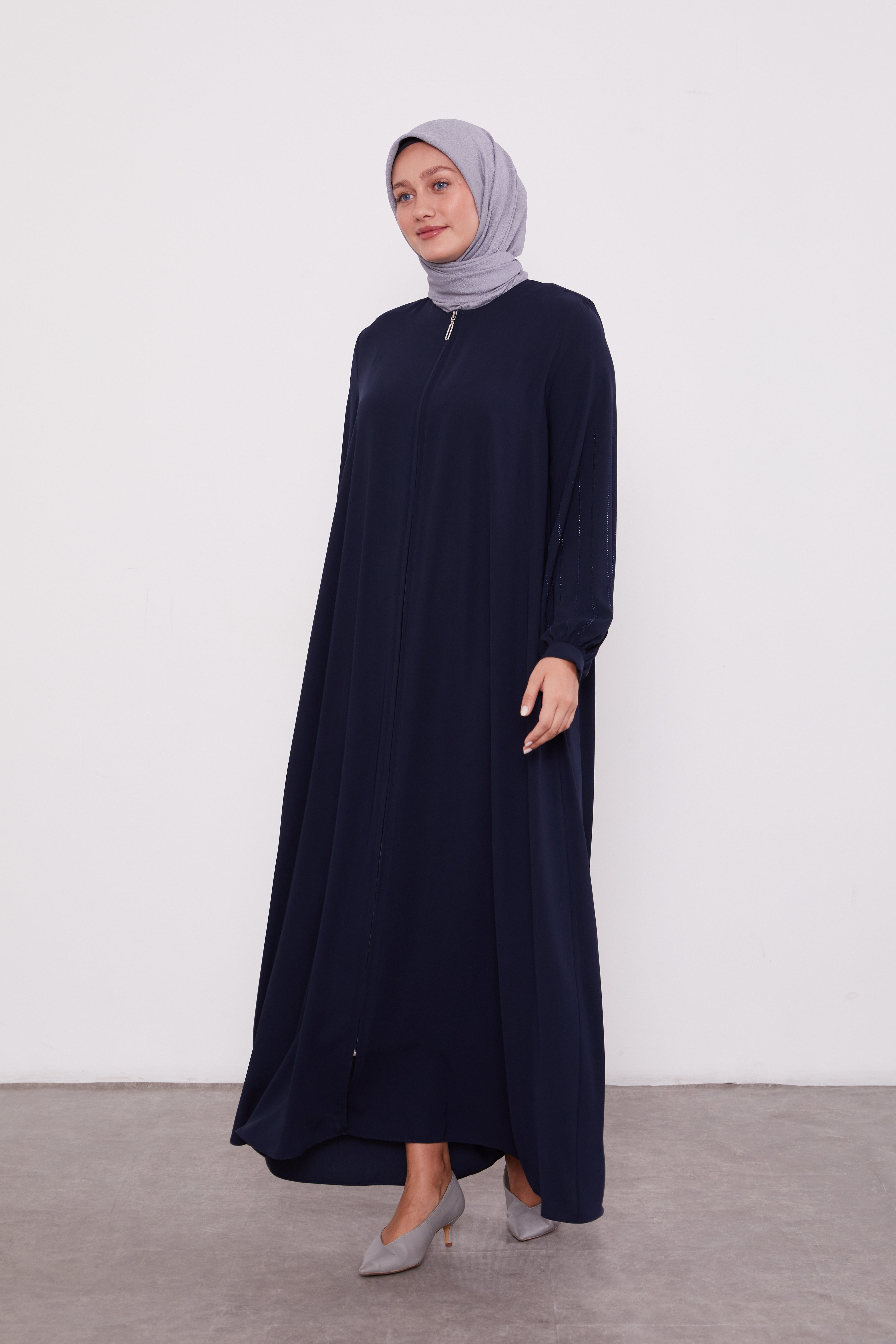 Classic Zipped Abaya with Cuffed Sequenced Sleeves Navy 520628