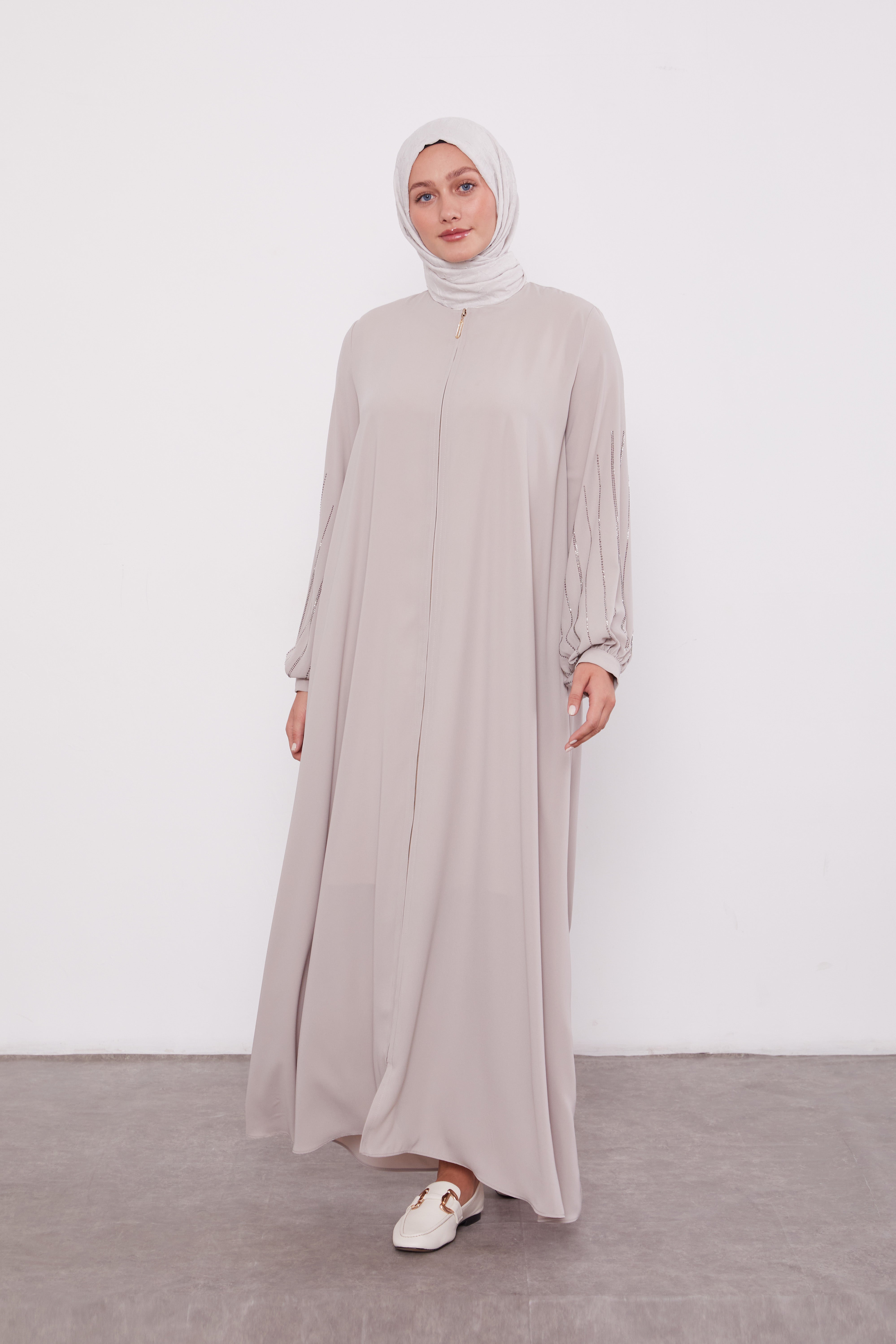 Classic Zipped Abaya with Cuffed Sequenced Sleeves Ivory 520628