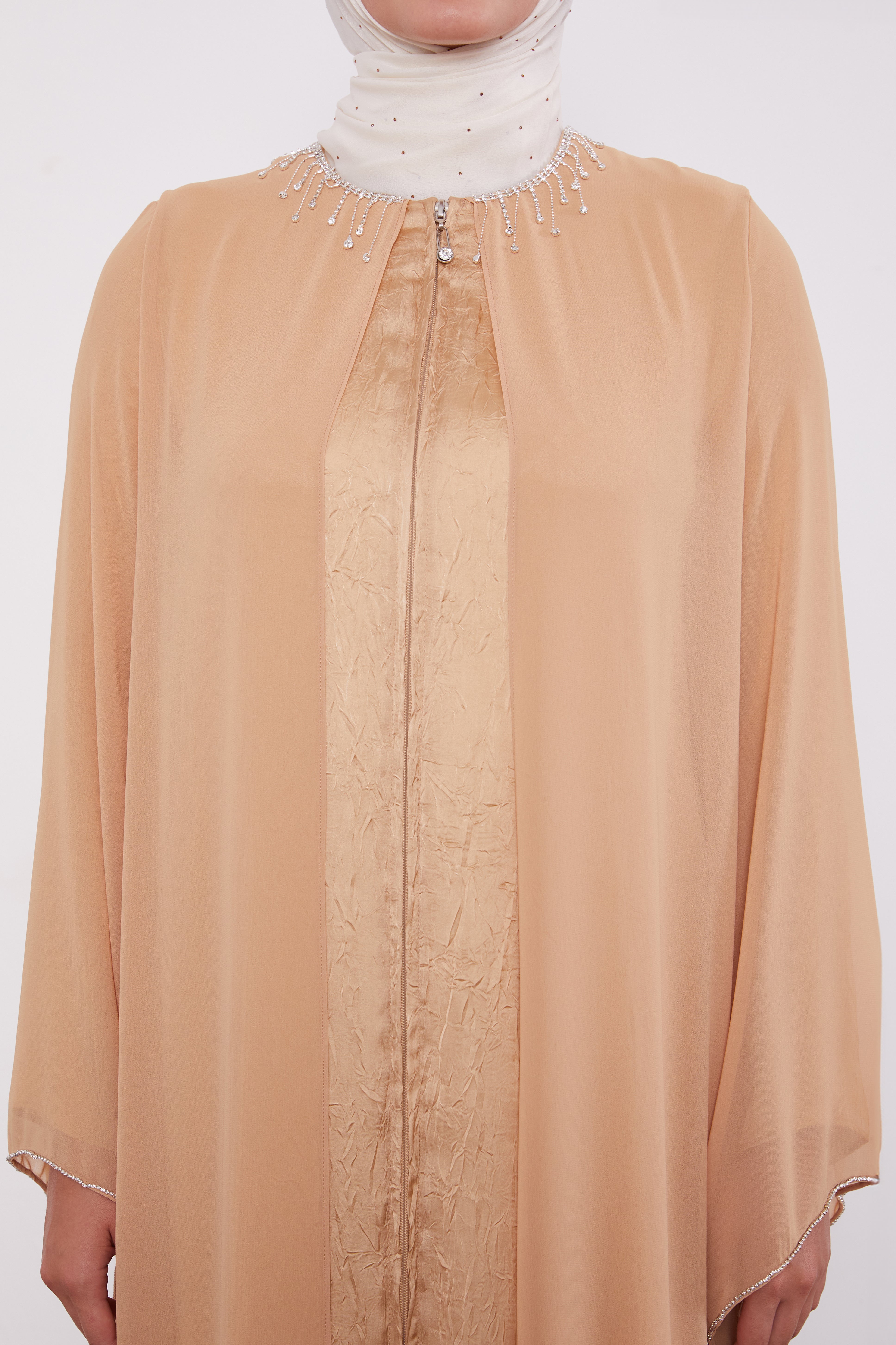 Detailed Neck Silk Chiffon Zipped Abaya Gold 520023