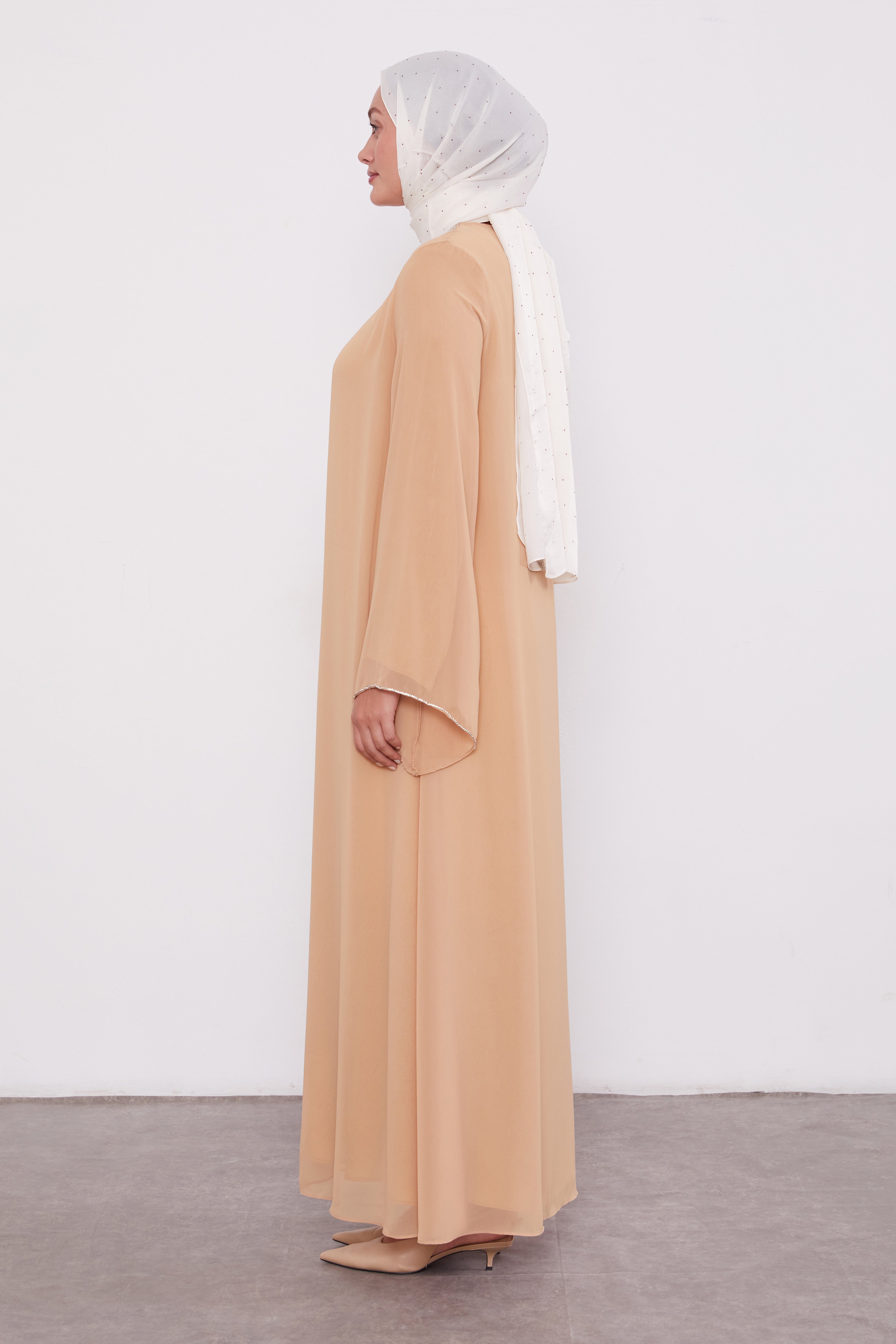 Detailed Neck Silk Chiffon Zipped Abaya Gold 520023