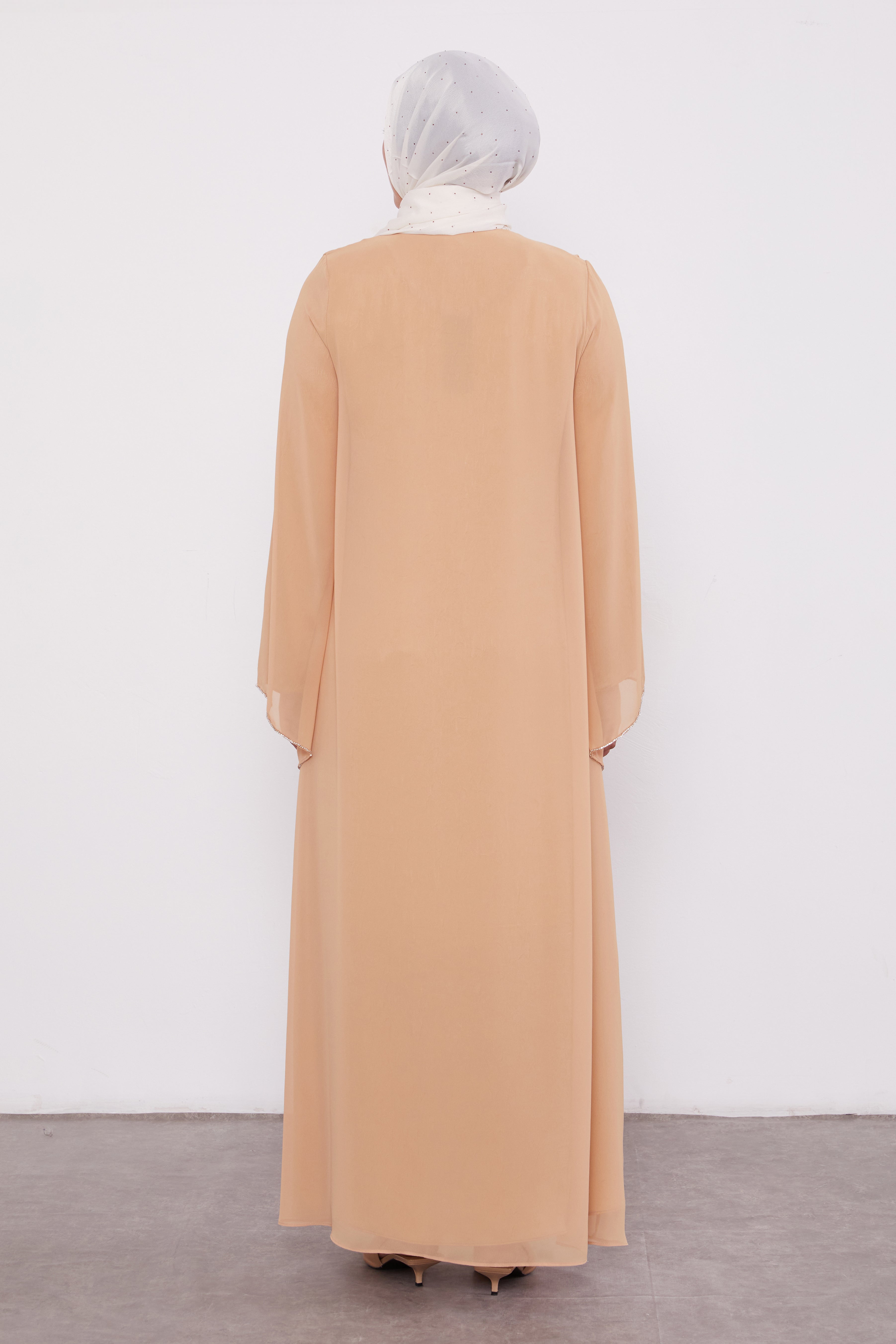 Detailed Neck Silk Chiffon Zipped Abaya Gold 520023