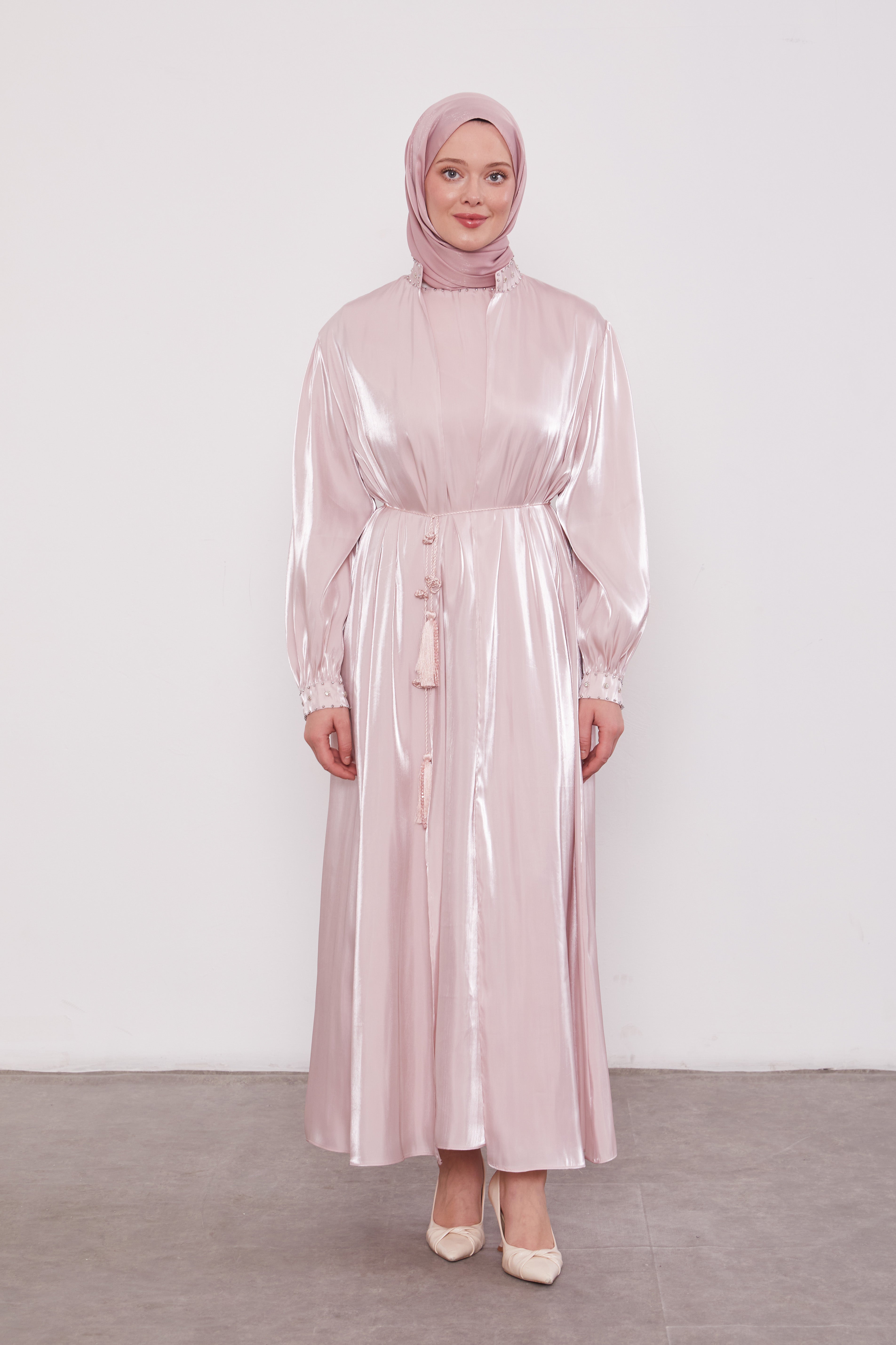 Organza 2 Piece Detailed Kimono Set Pink