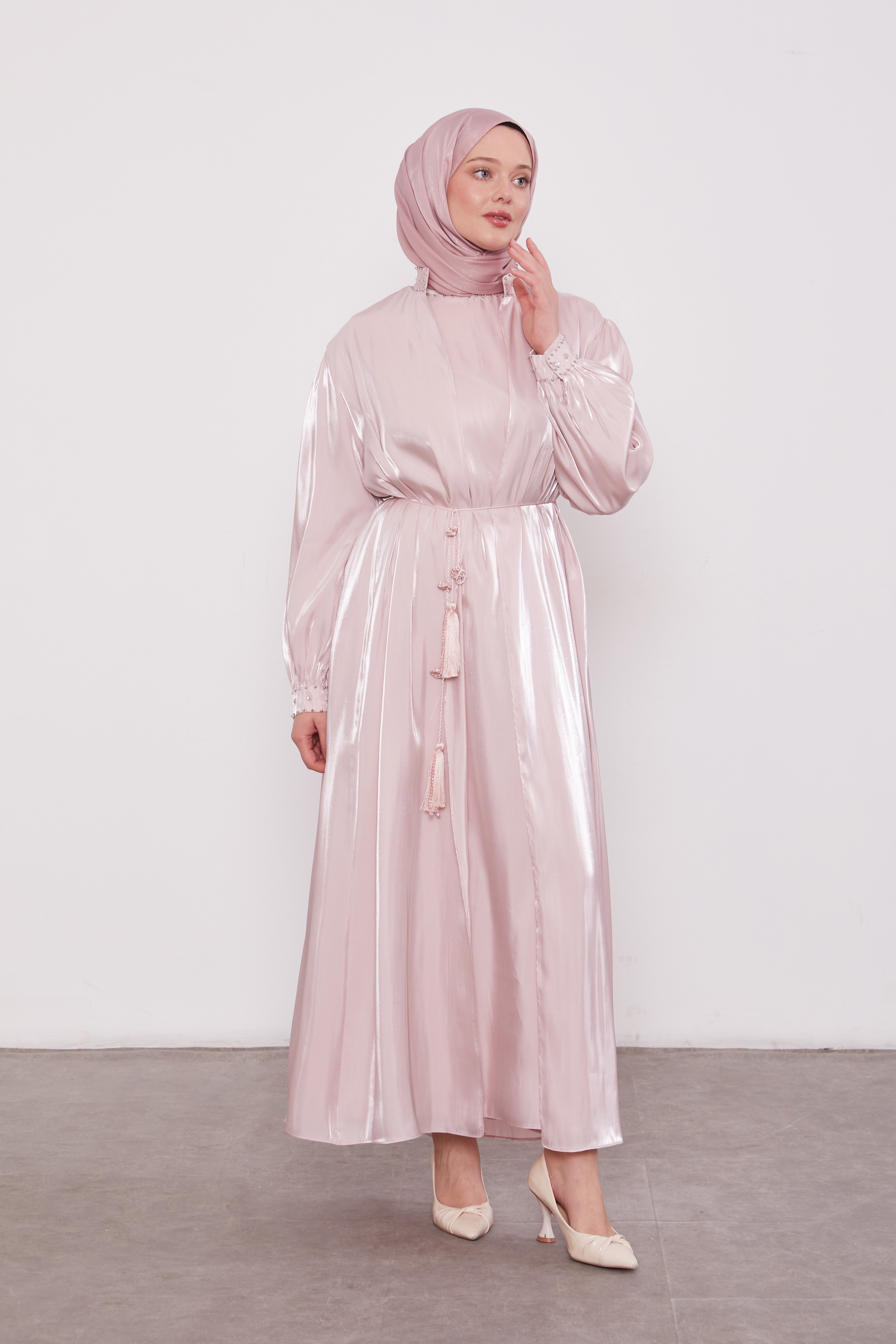 Organza 2 Piece Detailed Kimono Set Pink