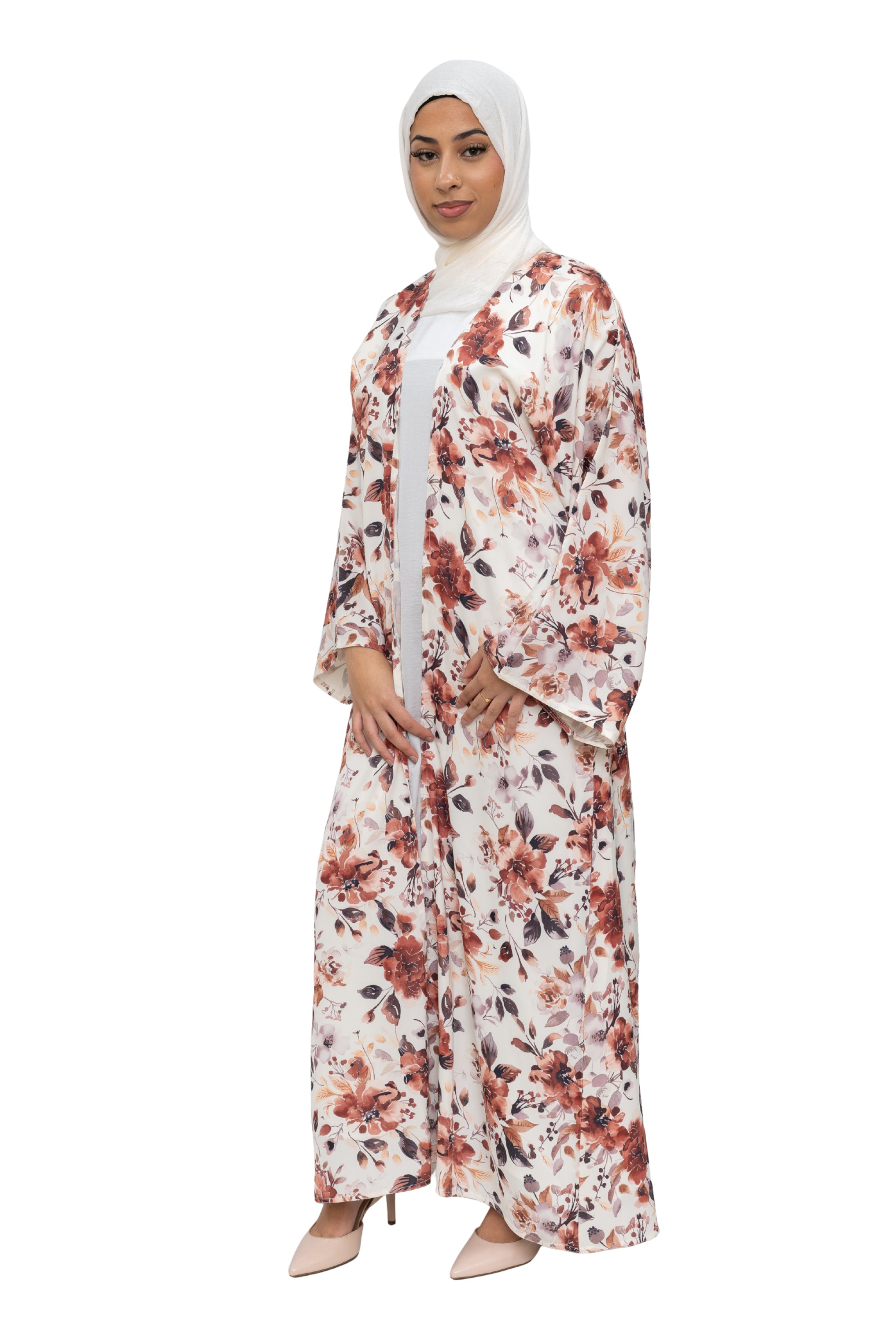 Satin Floral Kimono Abaya White Pink ASL-648