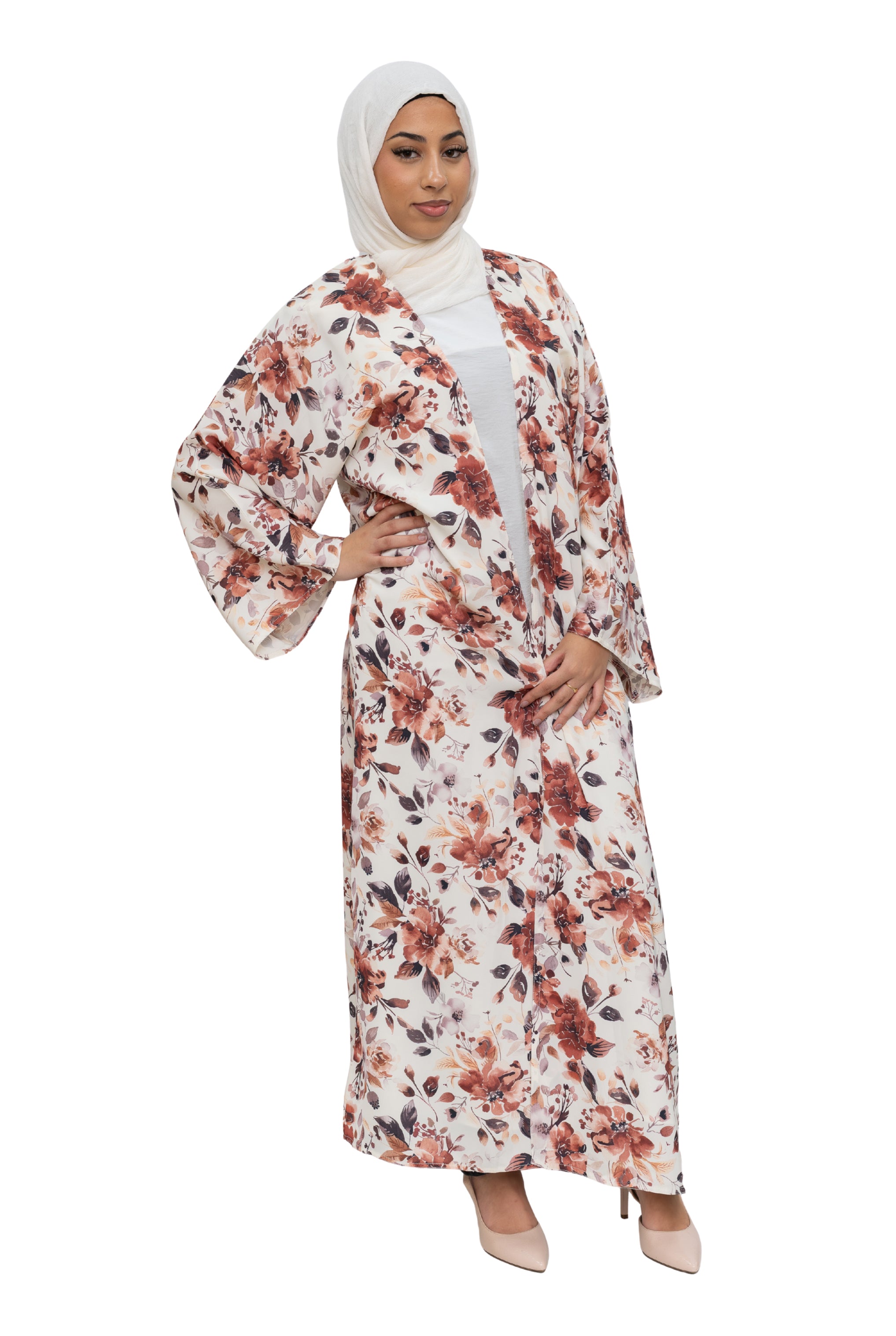 Satin Floral Kimono Abaya White Pink ASL-648