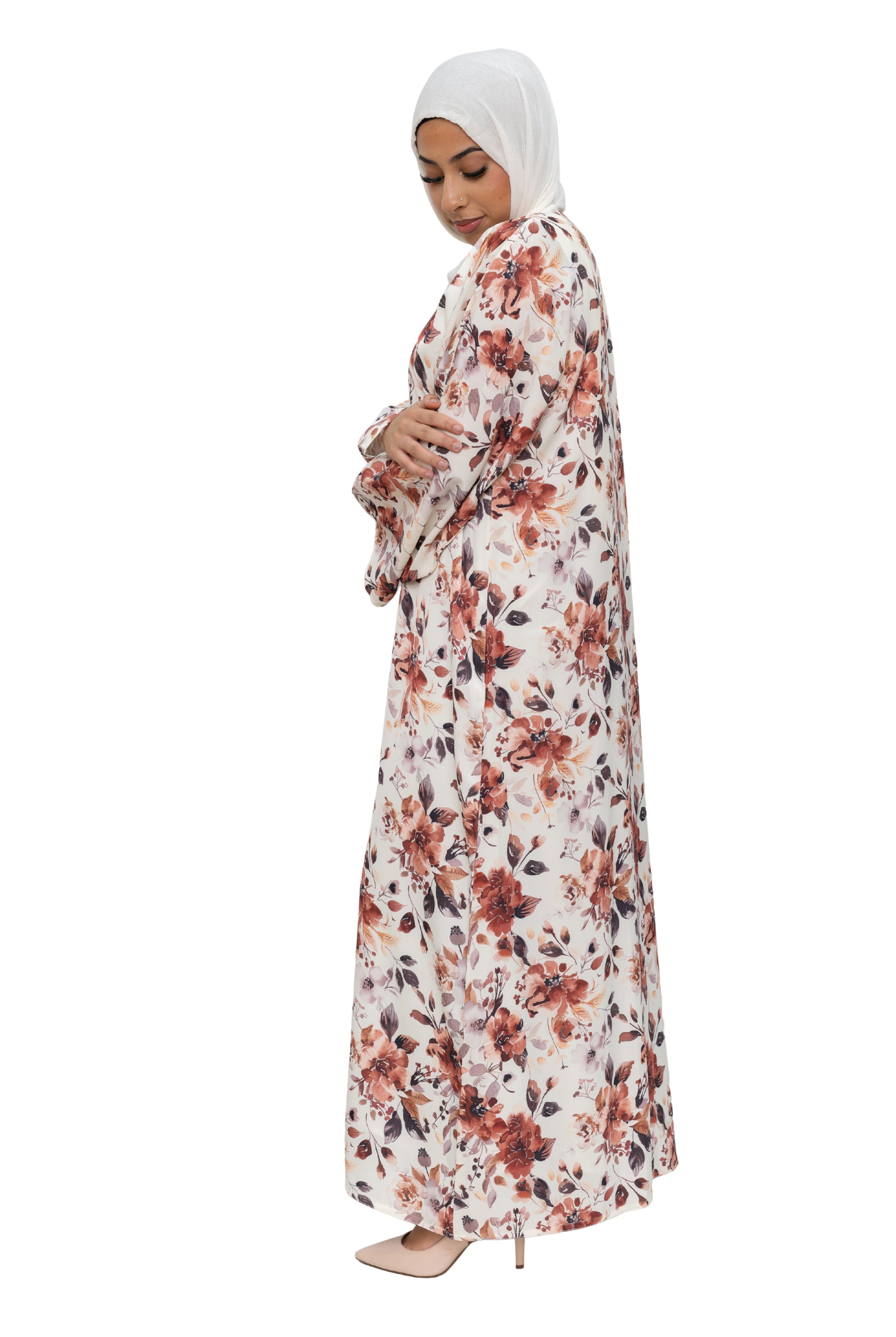 Satin Floral Kimono Abaya White Pink ASL-648